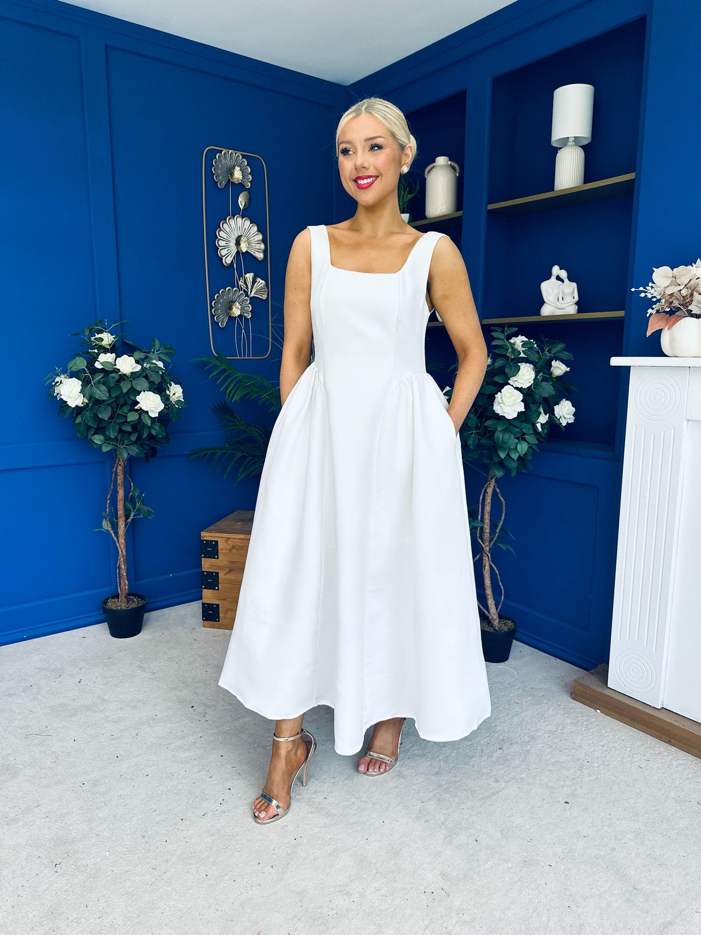 Miranda Square Neck Detailed Midi Dress White