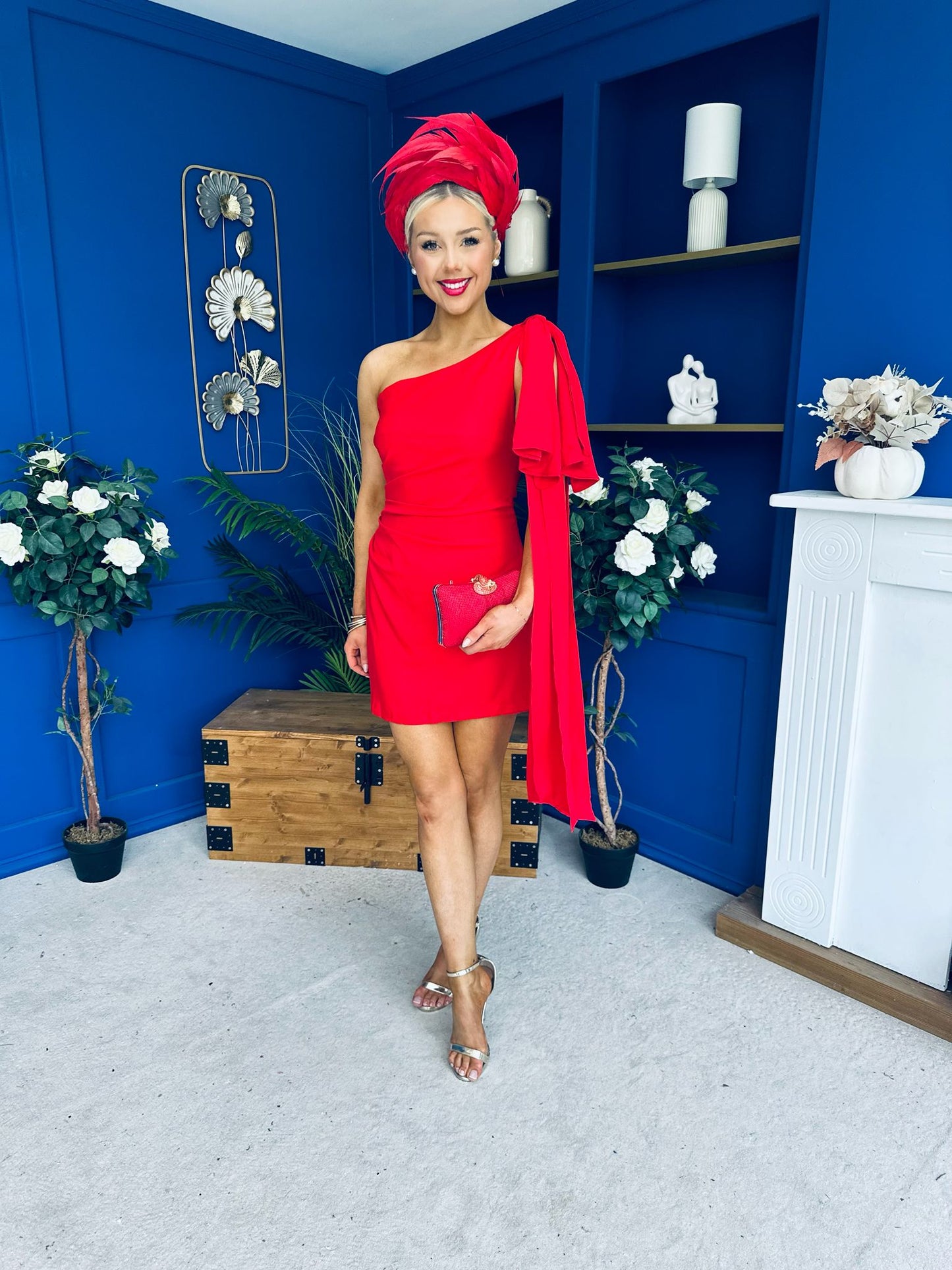 Hollie One Shoulder Drape Detail Mini Dress Red