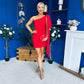 Hollie One Shoulder Drape Detail Mini Dress Red
