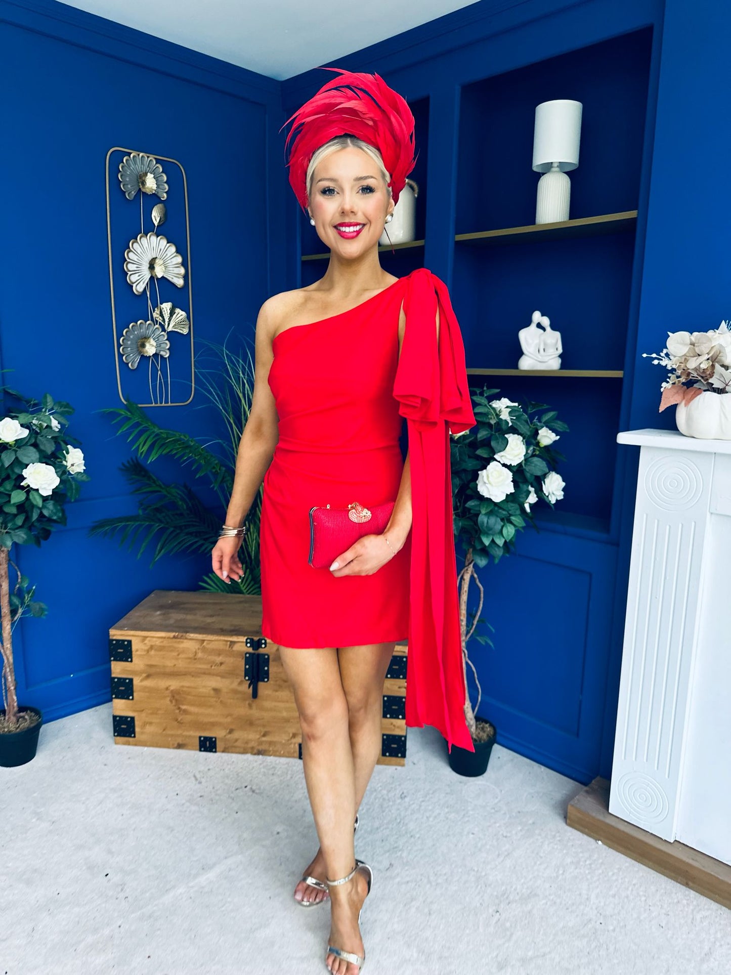 Hollie One Shoulder Drape Detail Mini Dress Red