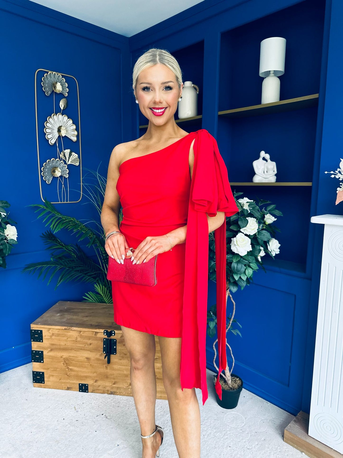 Hollie One Shoulder Drape Detail Mini Dress Red