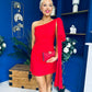 Hollie One Shoulder Drape Detail Mini Dress Red