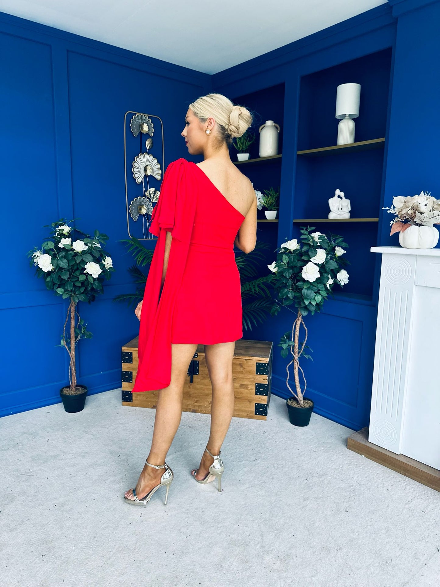 Hollie One Shoulder Drape Detail Mini Dress Red