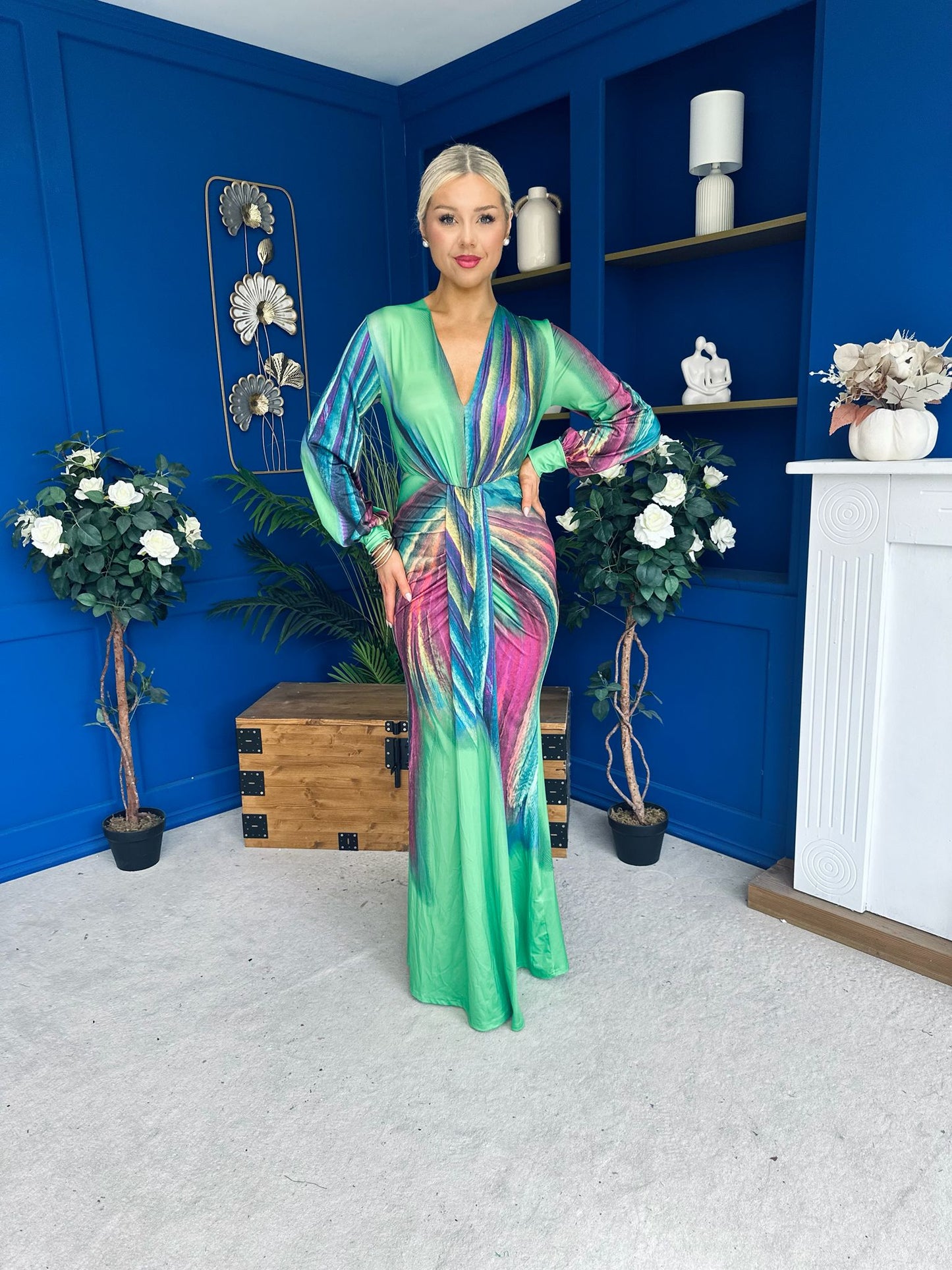 River Plunge Neck Maxi Dress Green