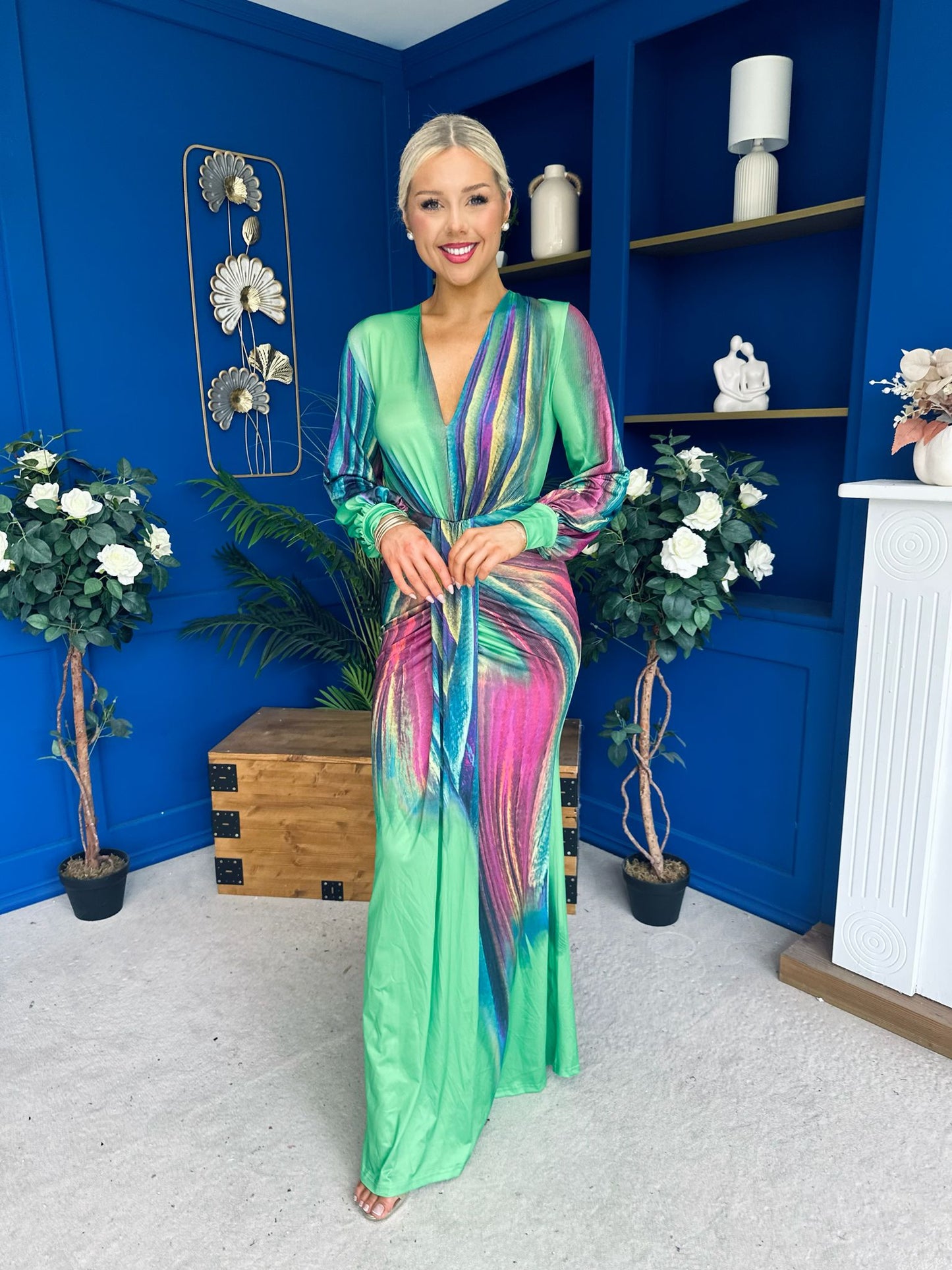 River Plunge Neck Maxi Dress Green