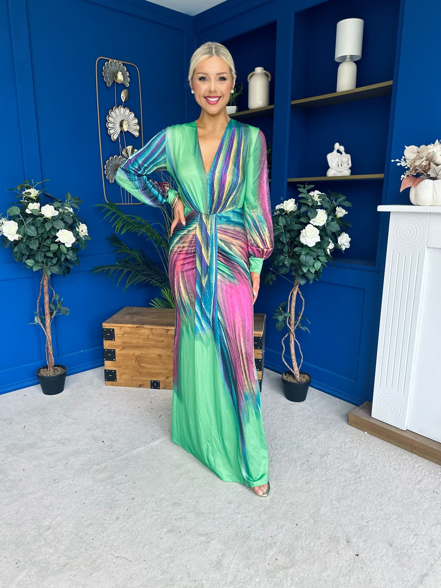 River Plunge Neck Maxi Dress Green