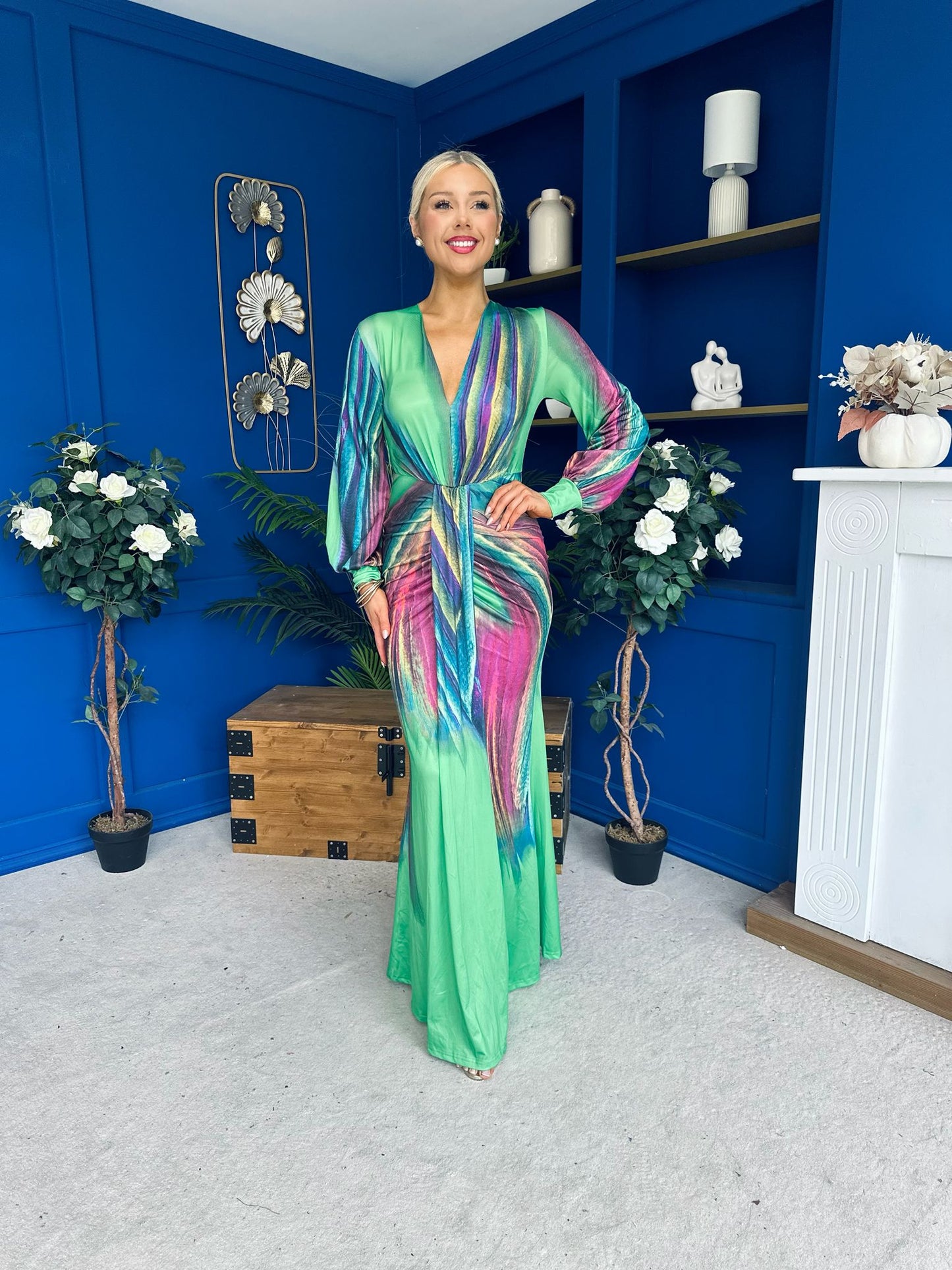 River Plunge Neck Maxi Dress Green