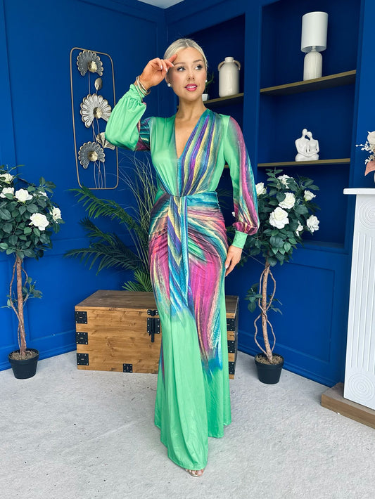 River Plunge Neck Maxi Dress Green