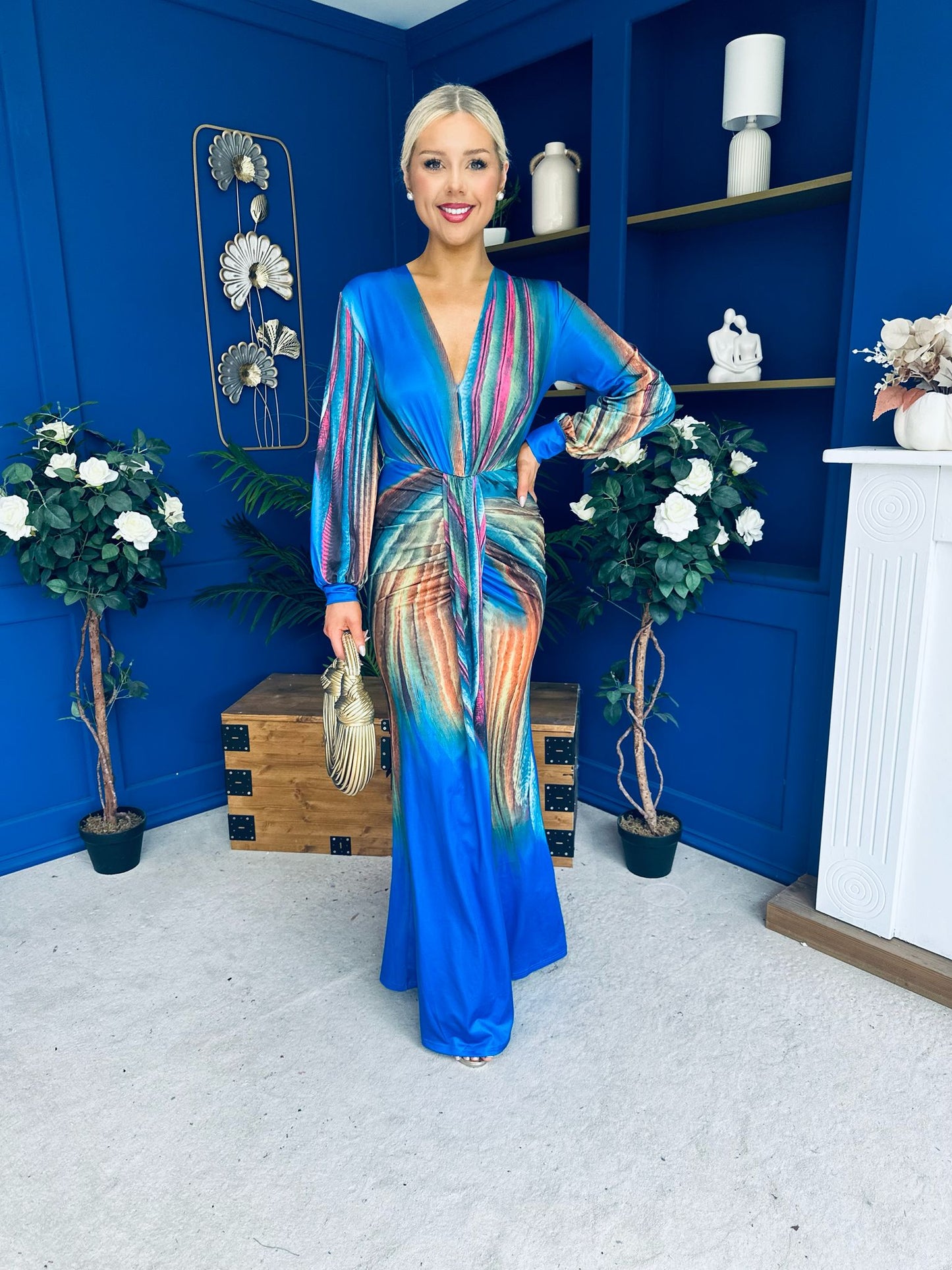 River Plunge Neck Maxi Dress Blue