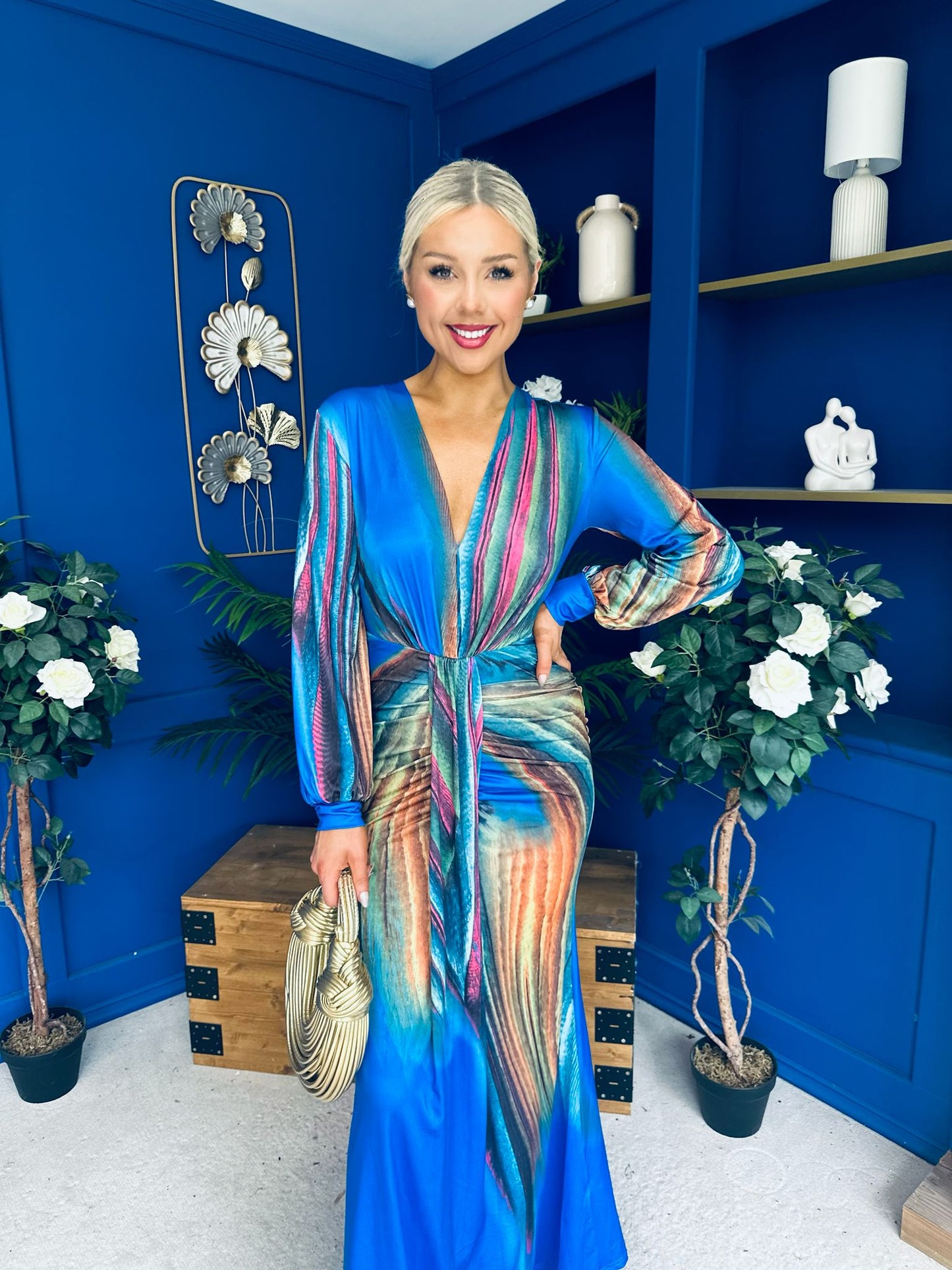 River Plunge Neck Maxi Dress Blue