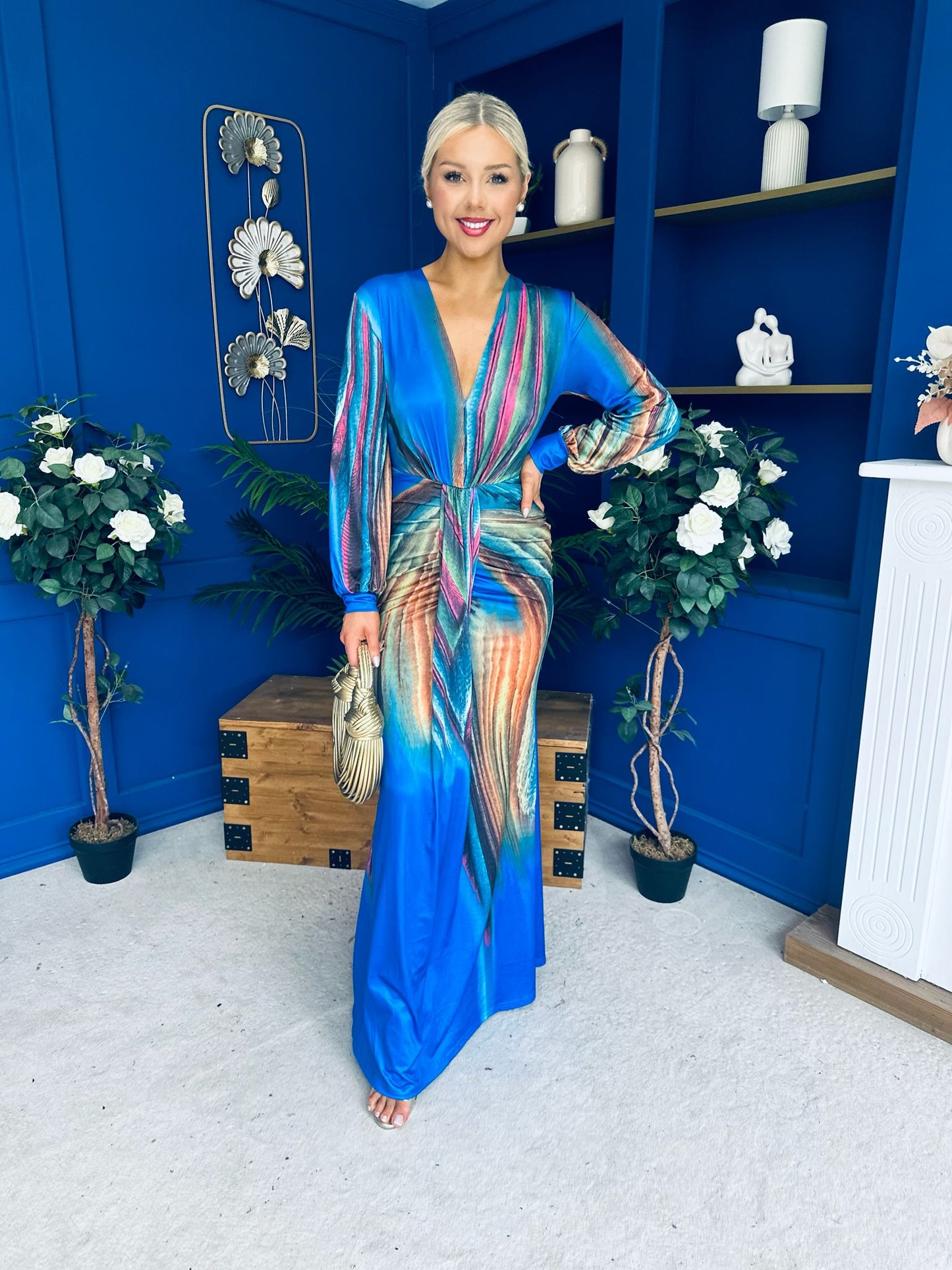 River Plunge Neck Maxi Dress Blue