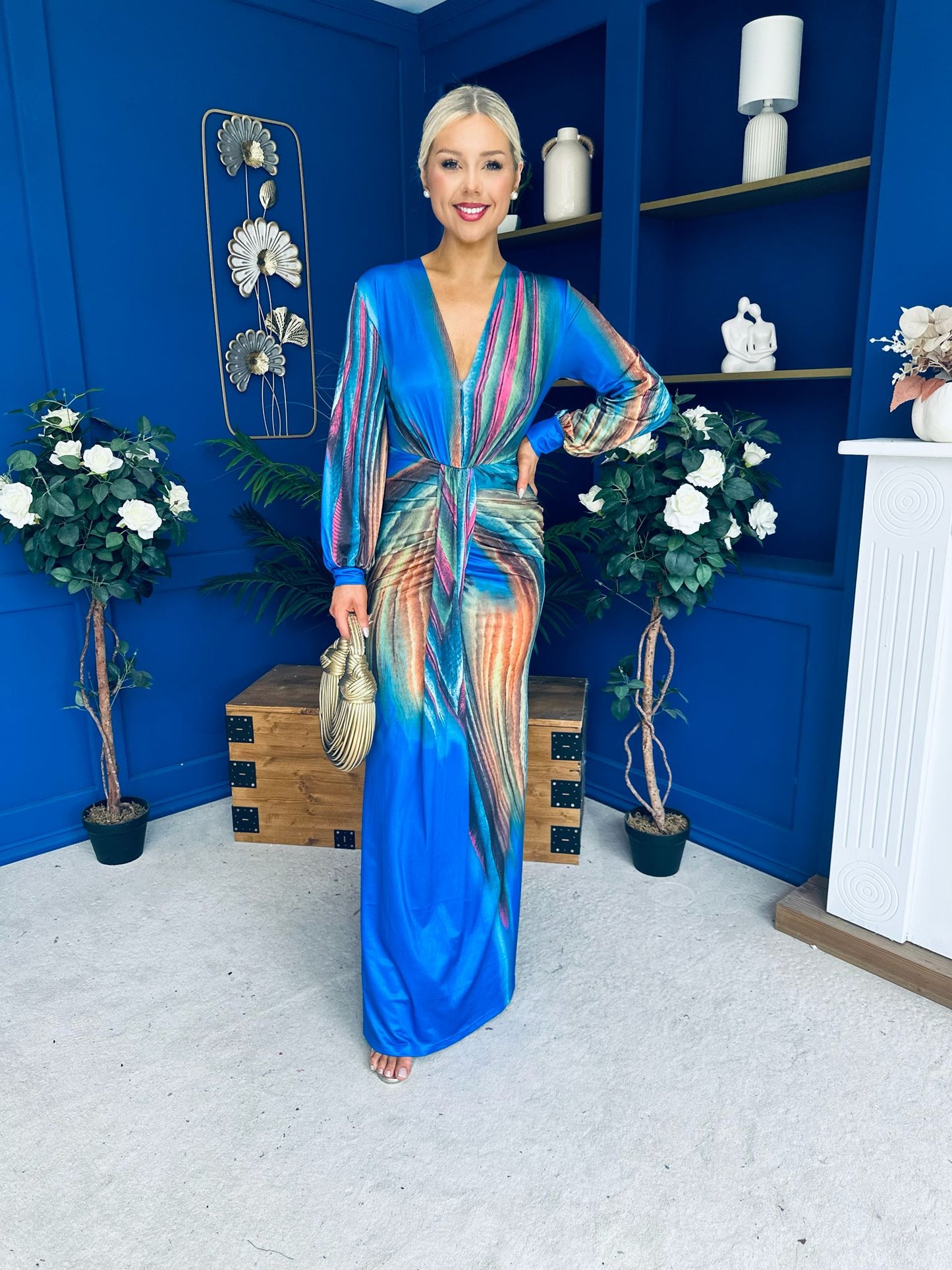 River Plunge Neck Maxi Dress Blue