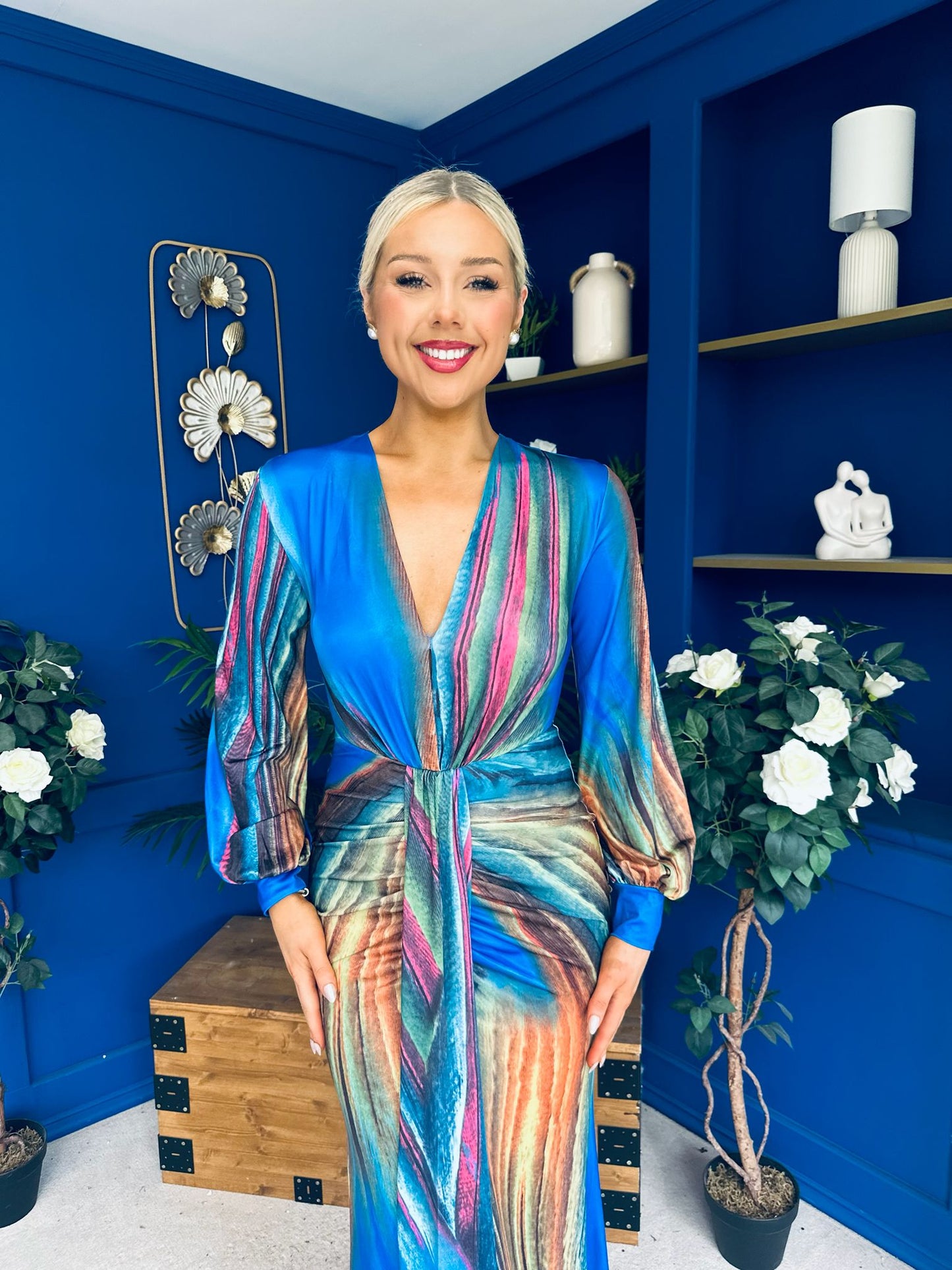 River Plunge Neck Maxi Dress Blue