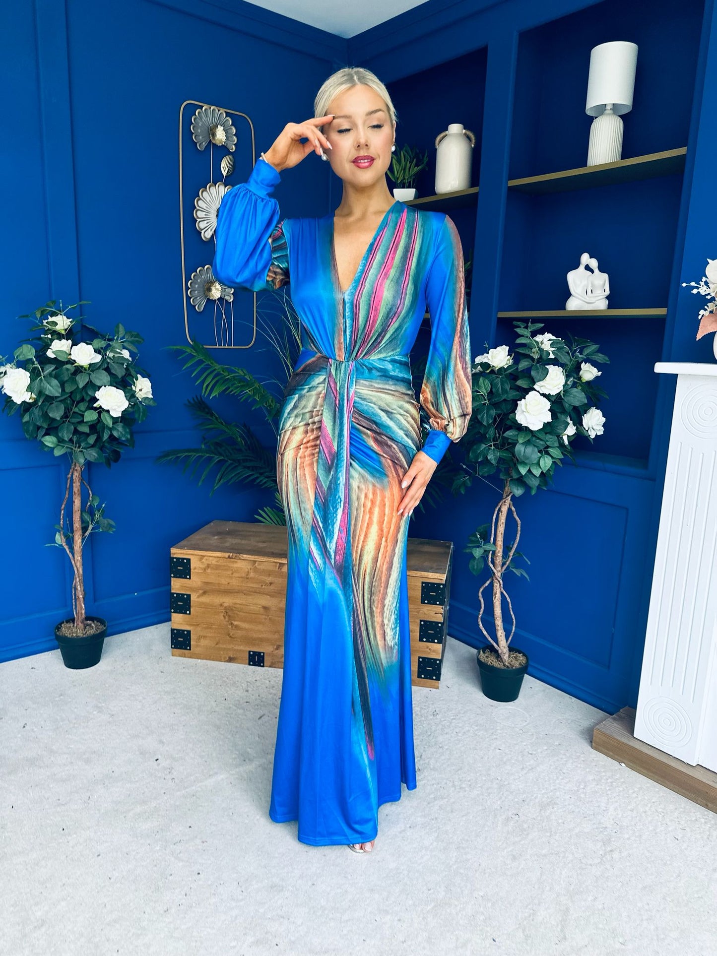 River Plunge Neck Maxi Dress Blue
