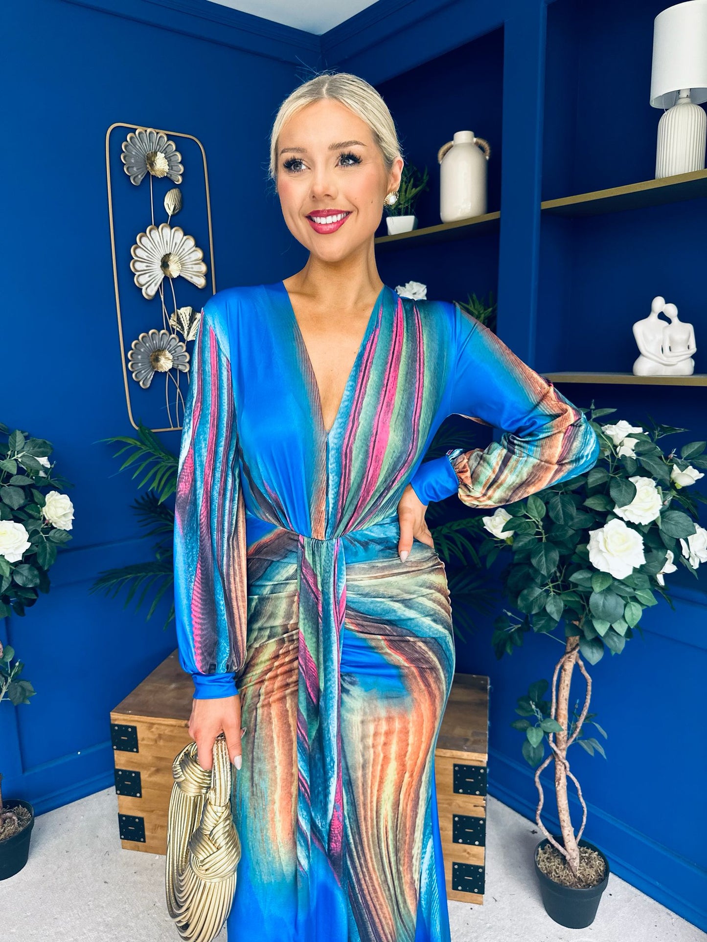 River Plunge Neck Maxi Dress Blue
