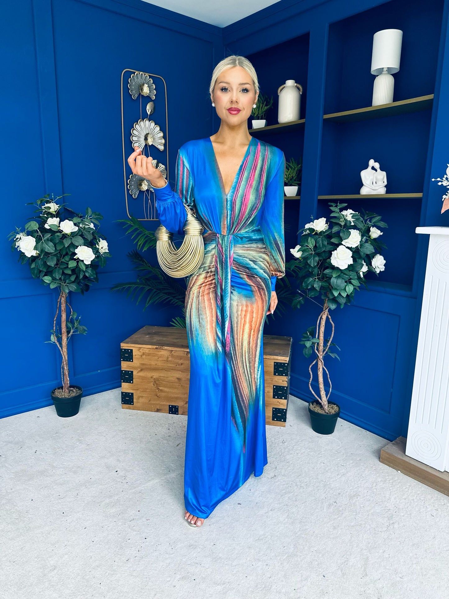 River Plunge Neck Maxi Dress Blue