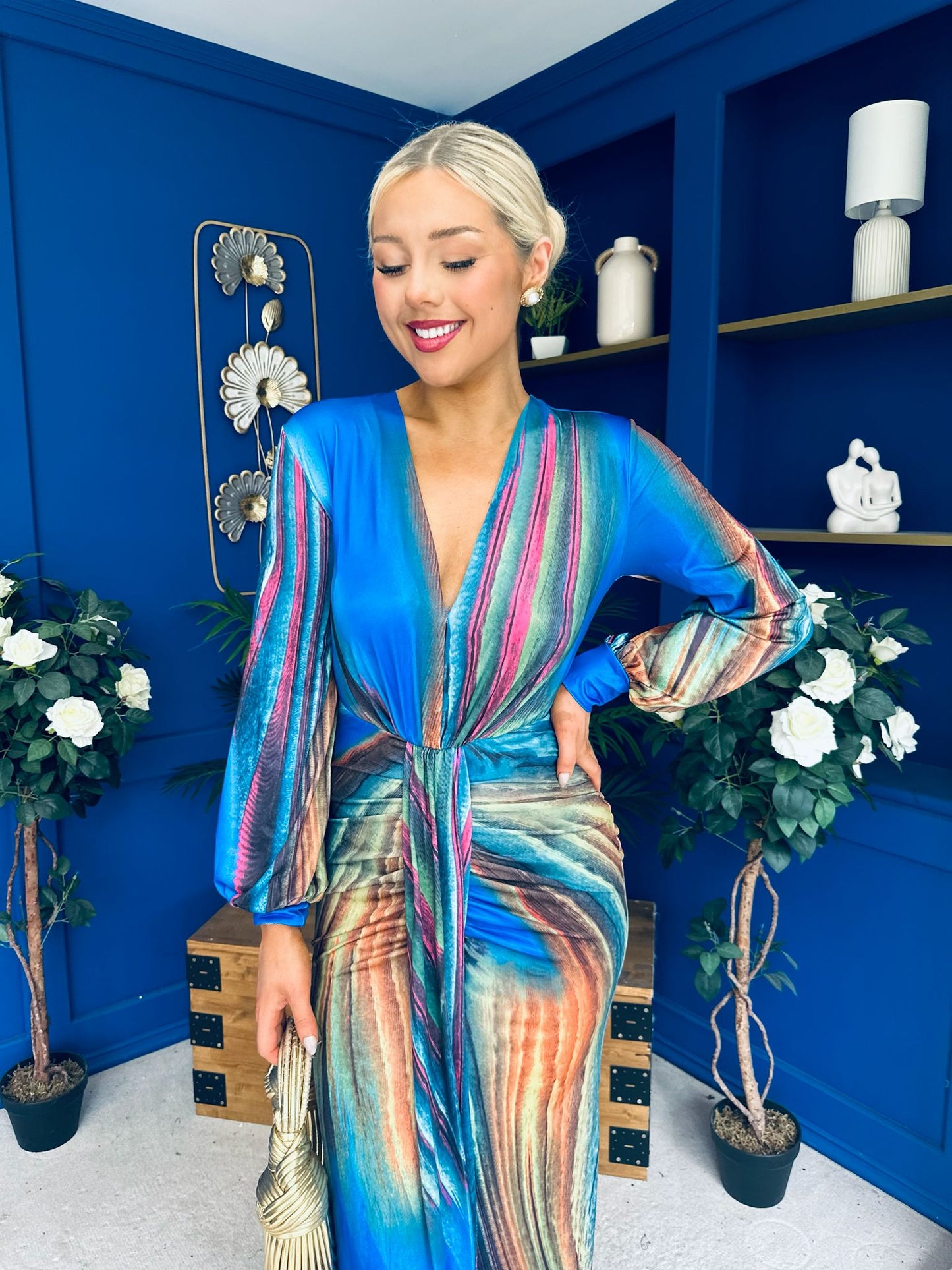 River Plunge Neck Maxi Dress Blue