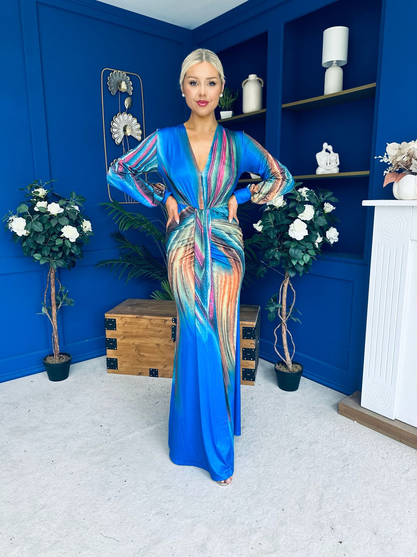 River Plunge Neck Maxi Dress Blue