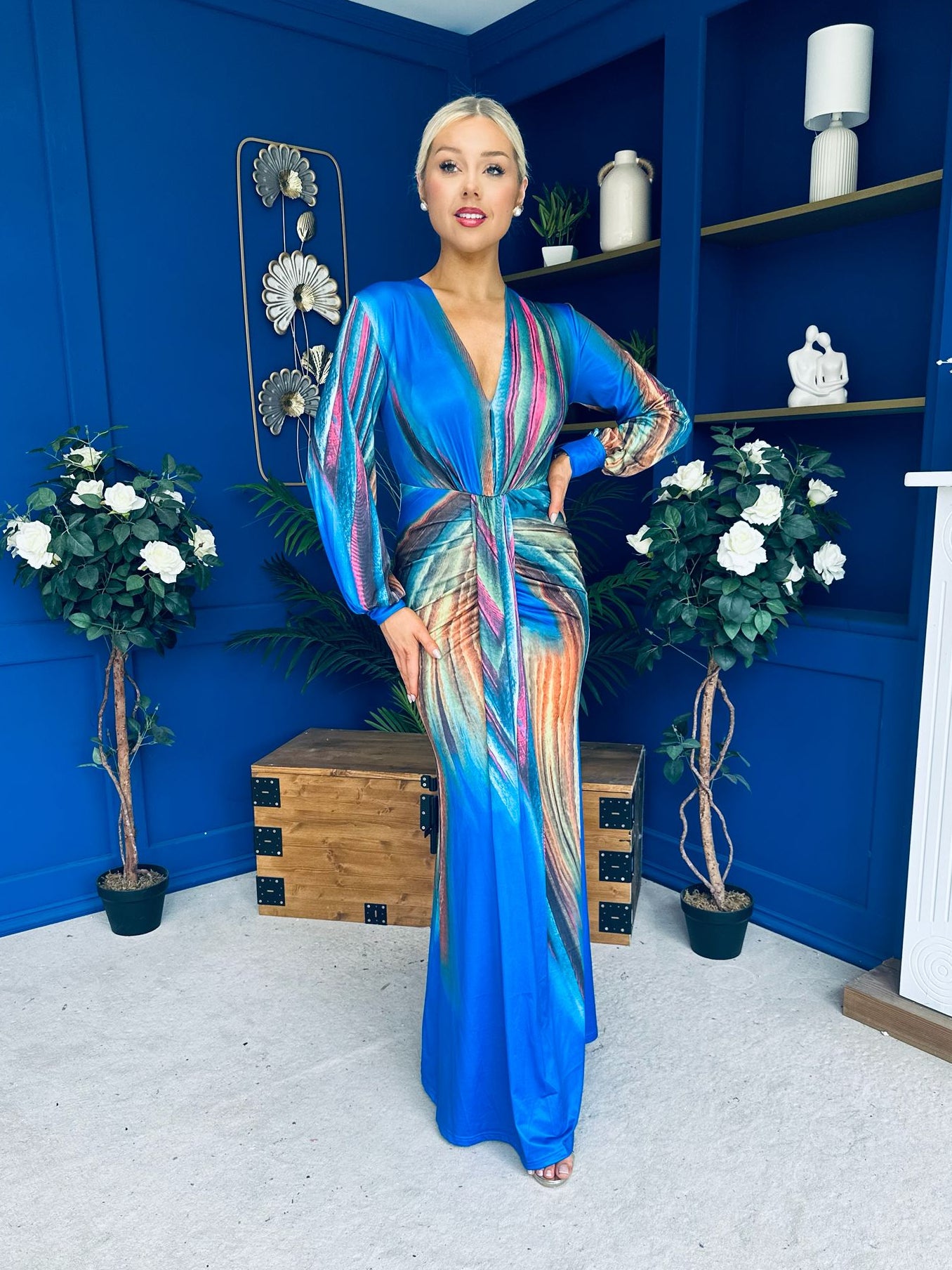 River Plunge Neck Maxi Dress Blue