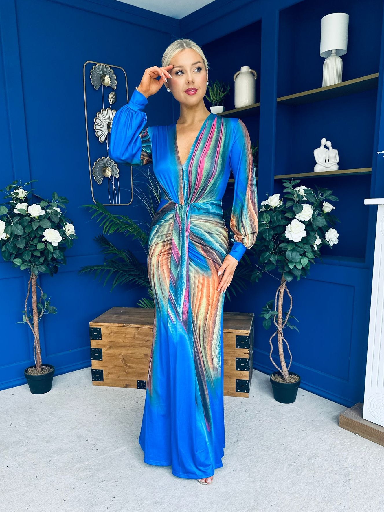 River Plunge Neck Maxi Dress Blue