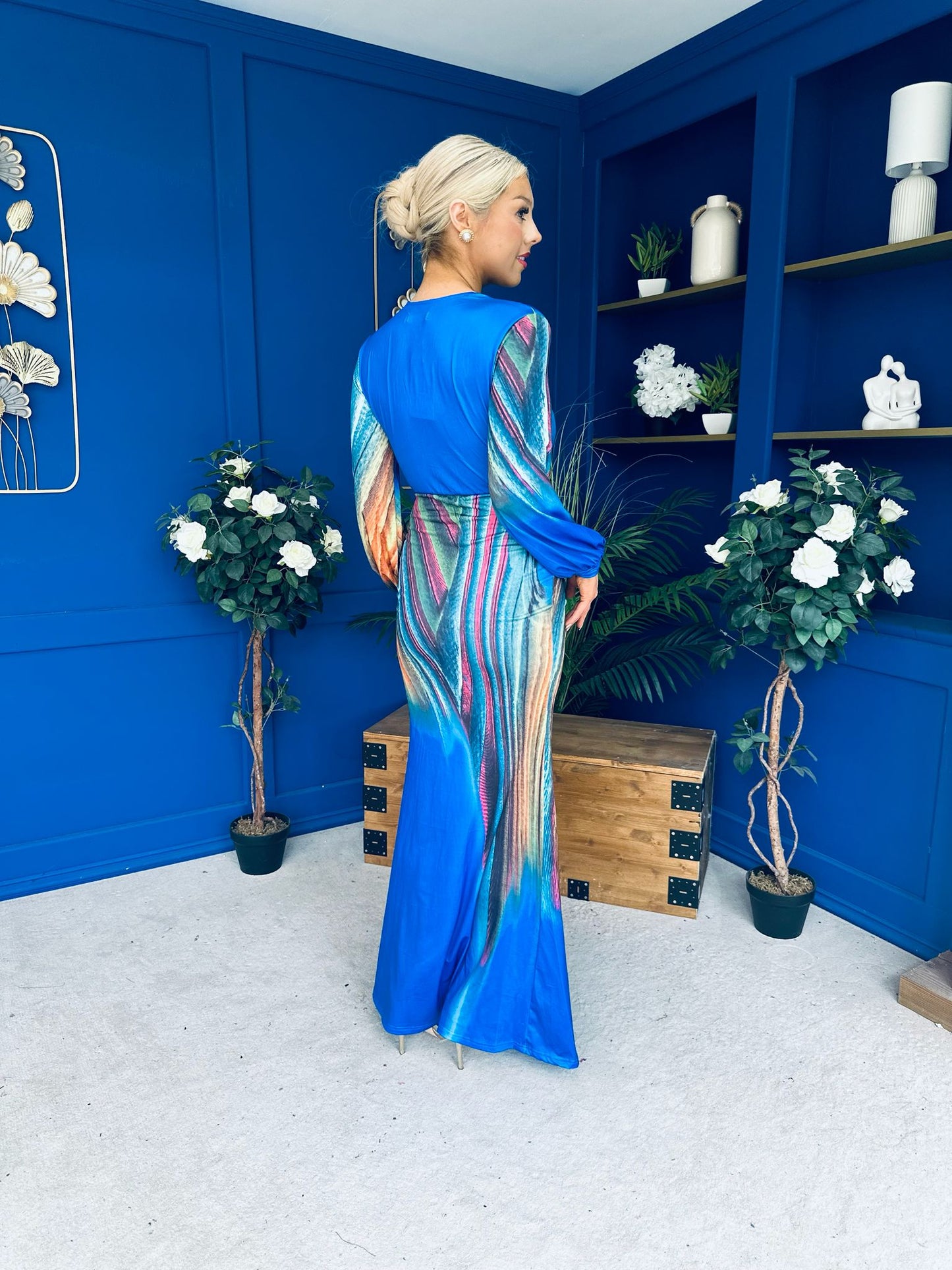 River Plunge Neck Maxi Dress Blue