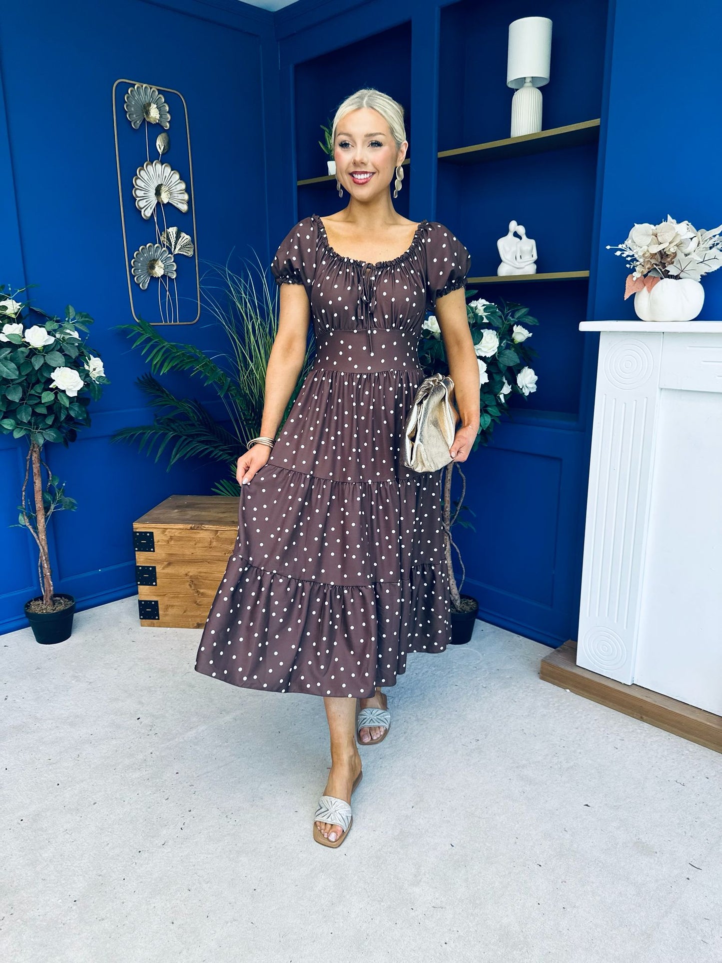 Blaine Detailed Bardot Midi Dress Polka Coco