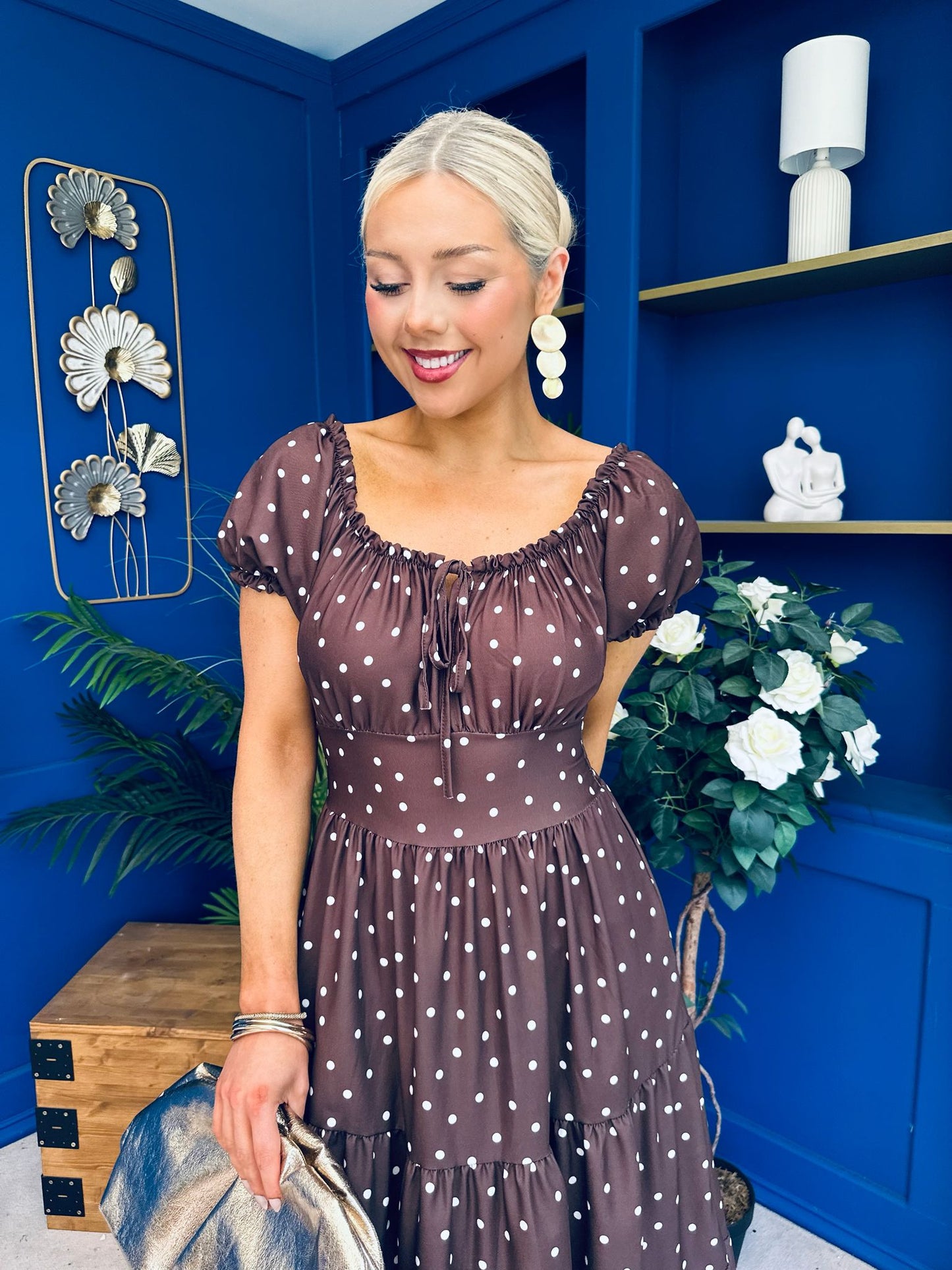Blaine Detailed Bardot Midi Dress Polka Coco