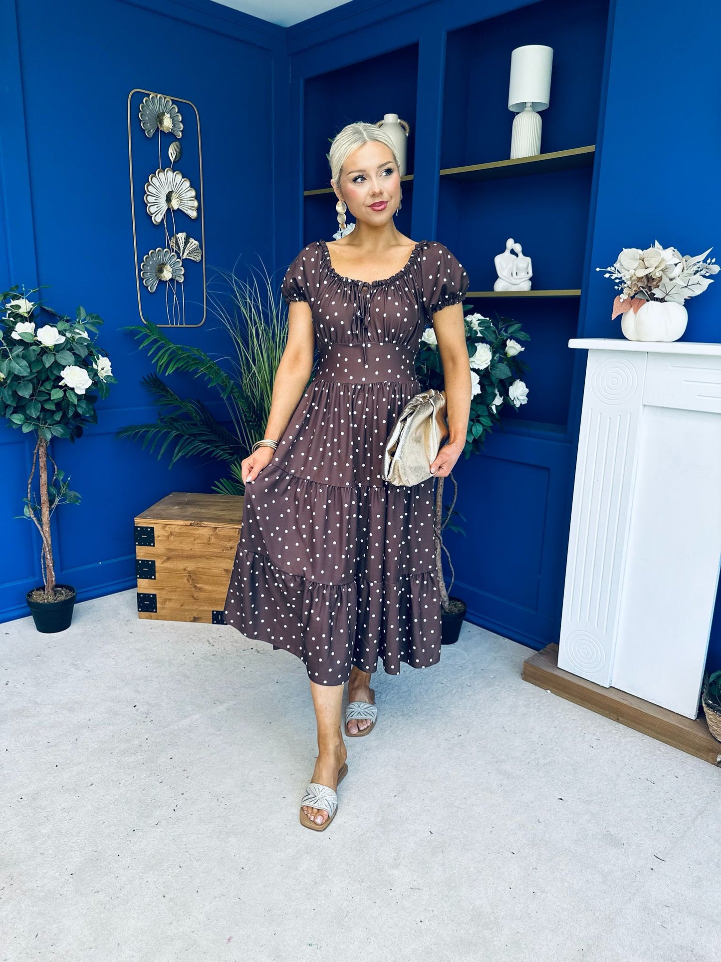 Blaine Detailed Bardot Midi Dress Polka Coco