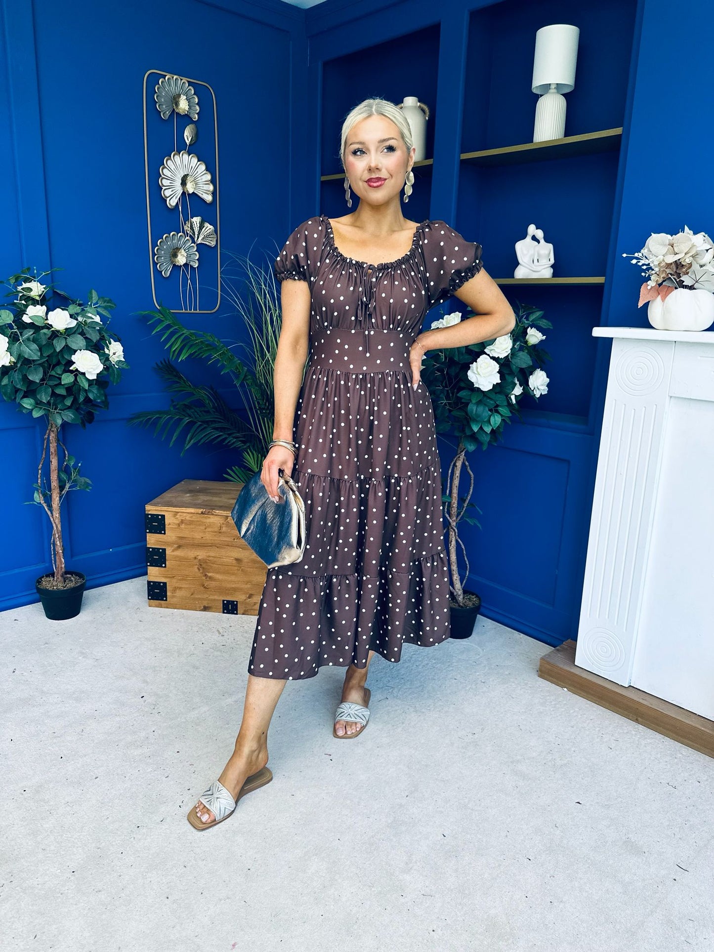 Blaine Detailed Bardot Midi Dress Polka Coco