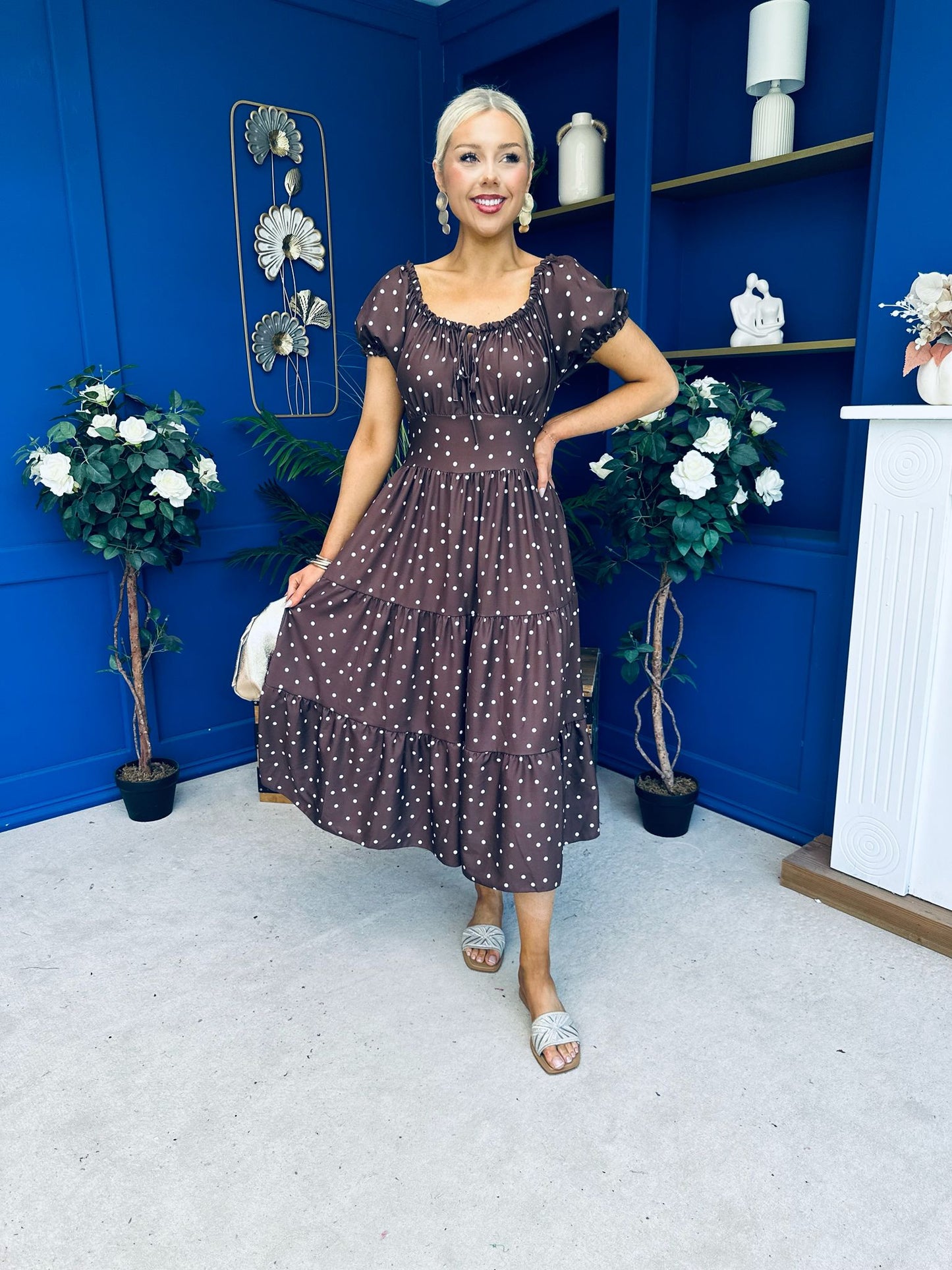 Blaine Detailed Bardot Midi Dress Polka Coco