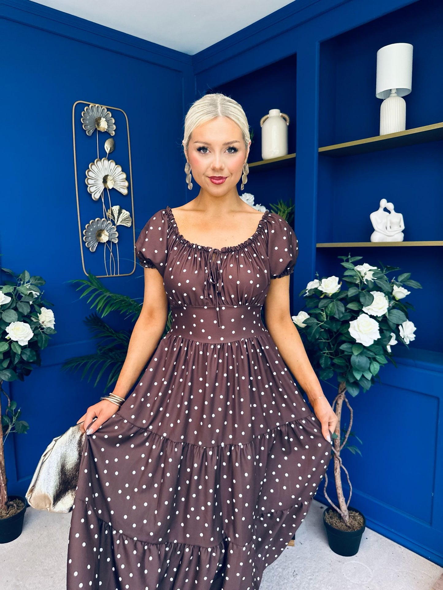 Blaine Detailed Bardot Midi Dress Polka Coco