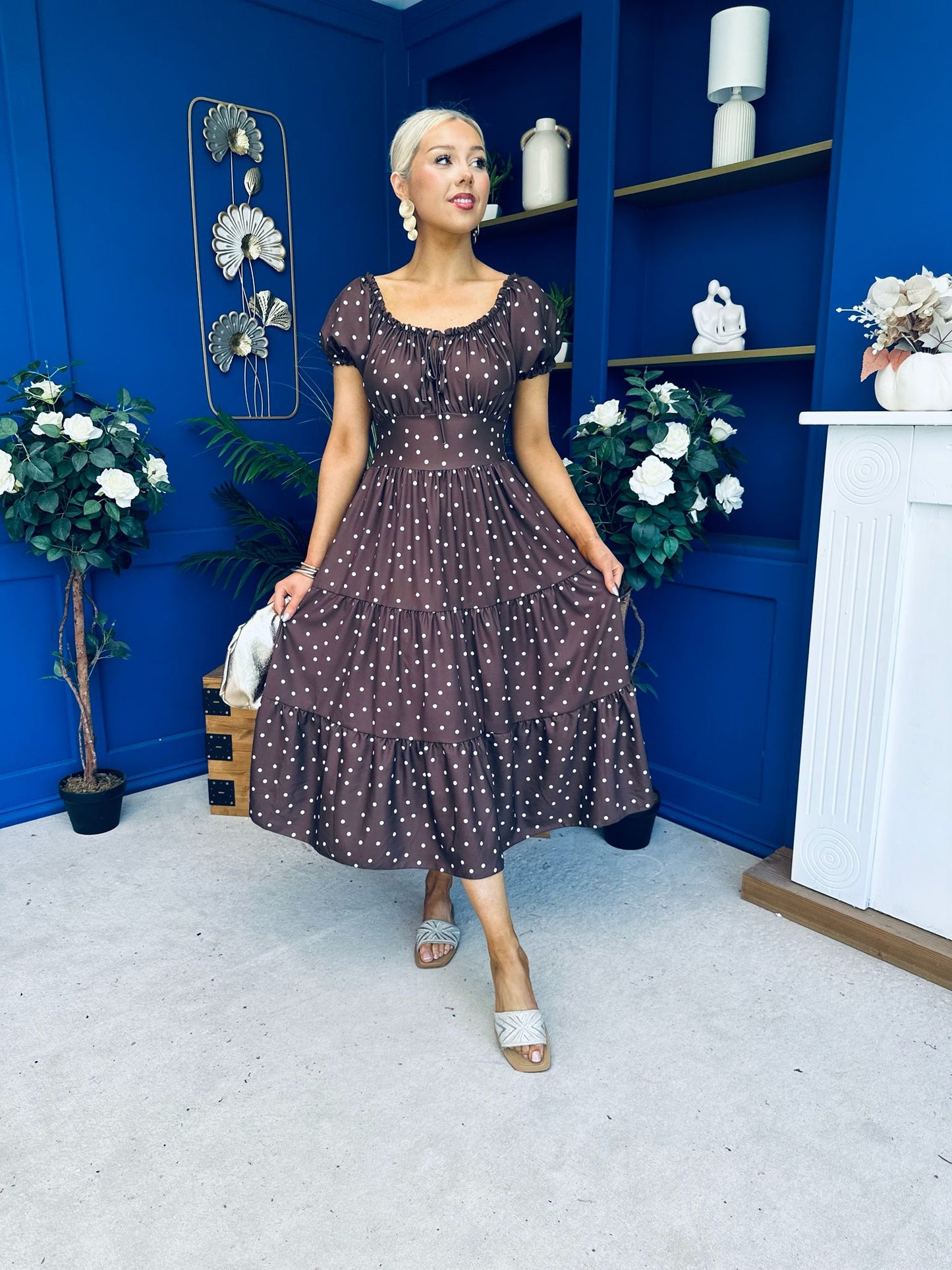 Blaine Detailed Bardot Midi Dress Polka Coco