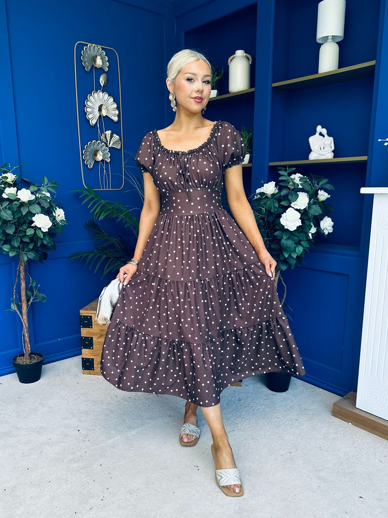 Blaine Detailed Bardot Midi Dress Polka Coco