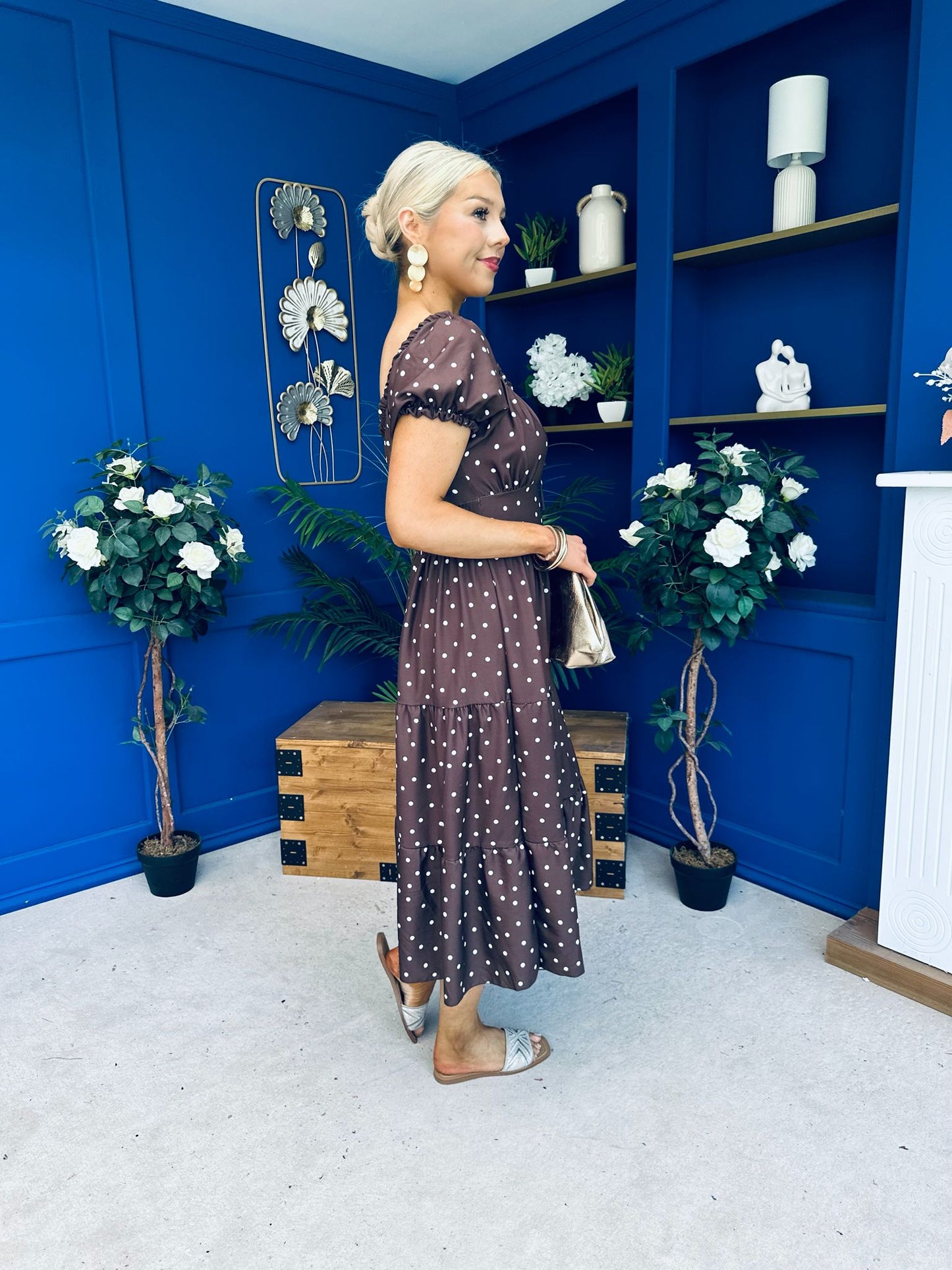 Blaine Detailed Bardot Midi Dress Polka Coco