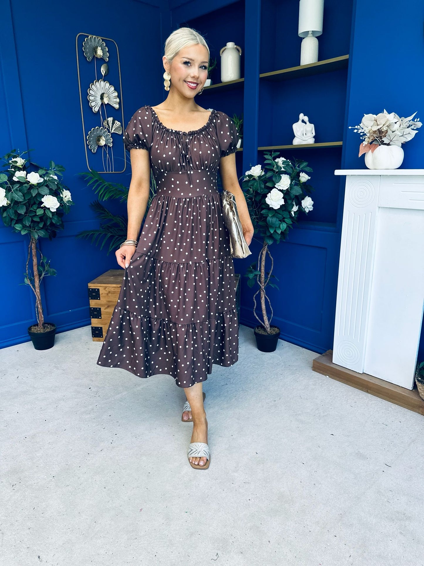 Blaine Detailed Bardot Midi Dress Polka Coco