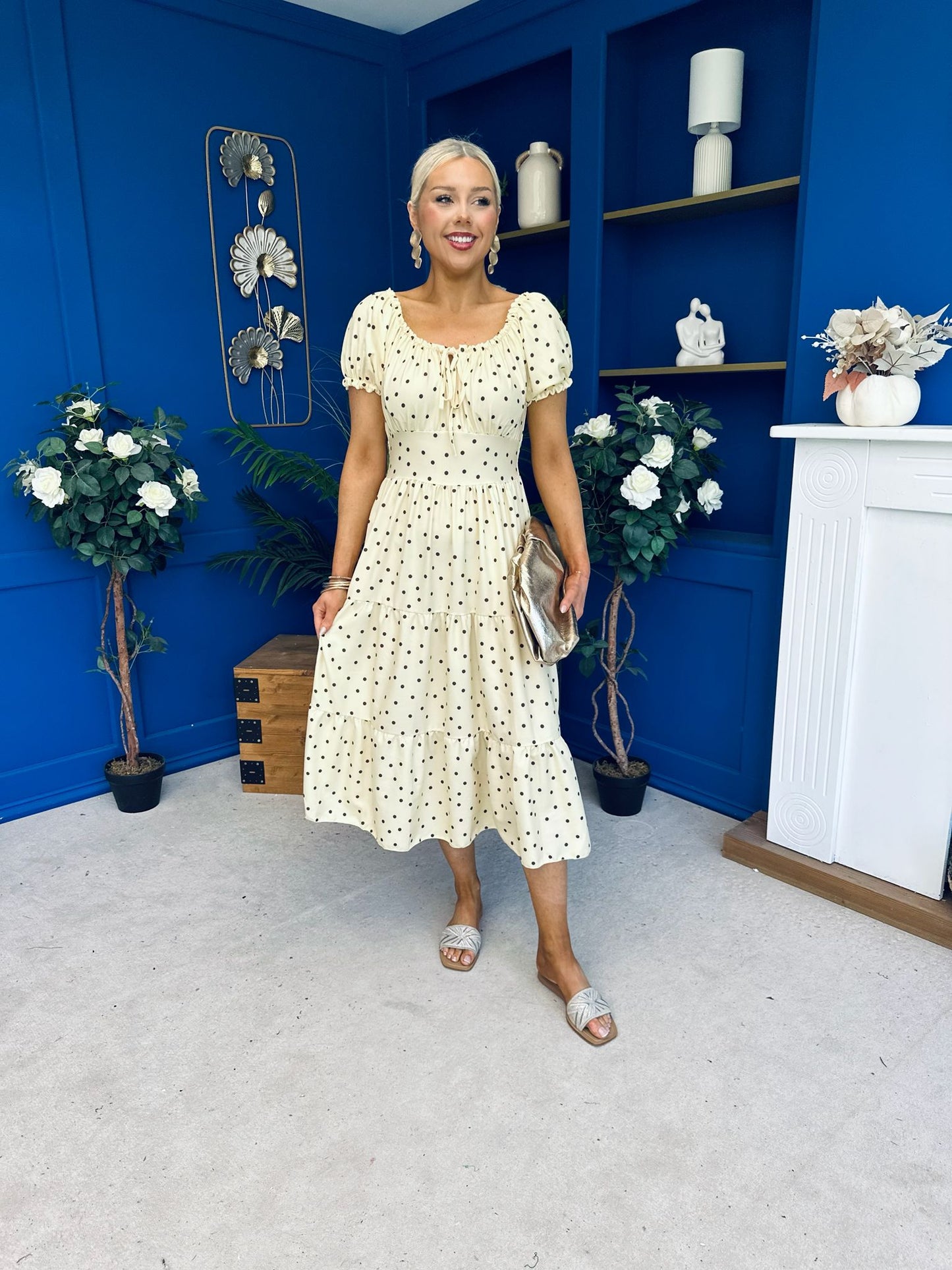 Blaine Detailed Bardot Midi Dress Polka Yellow