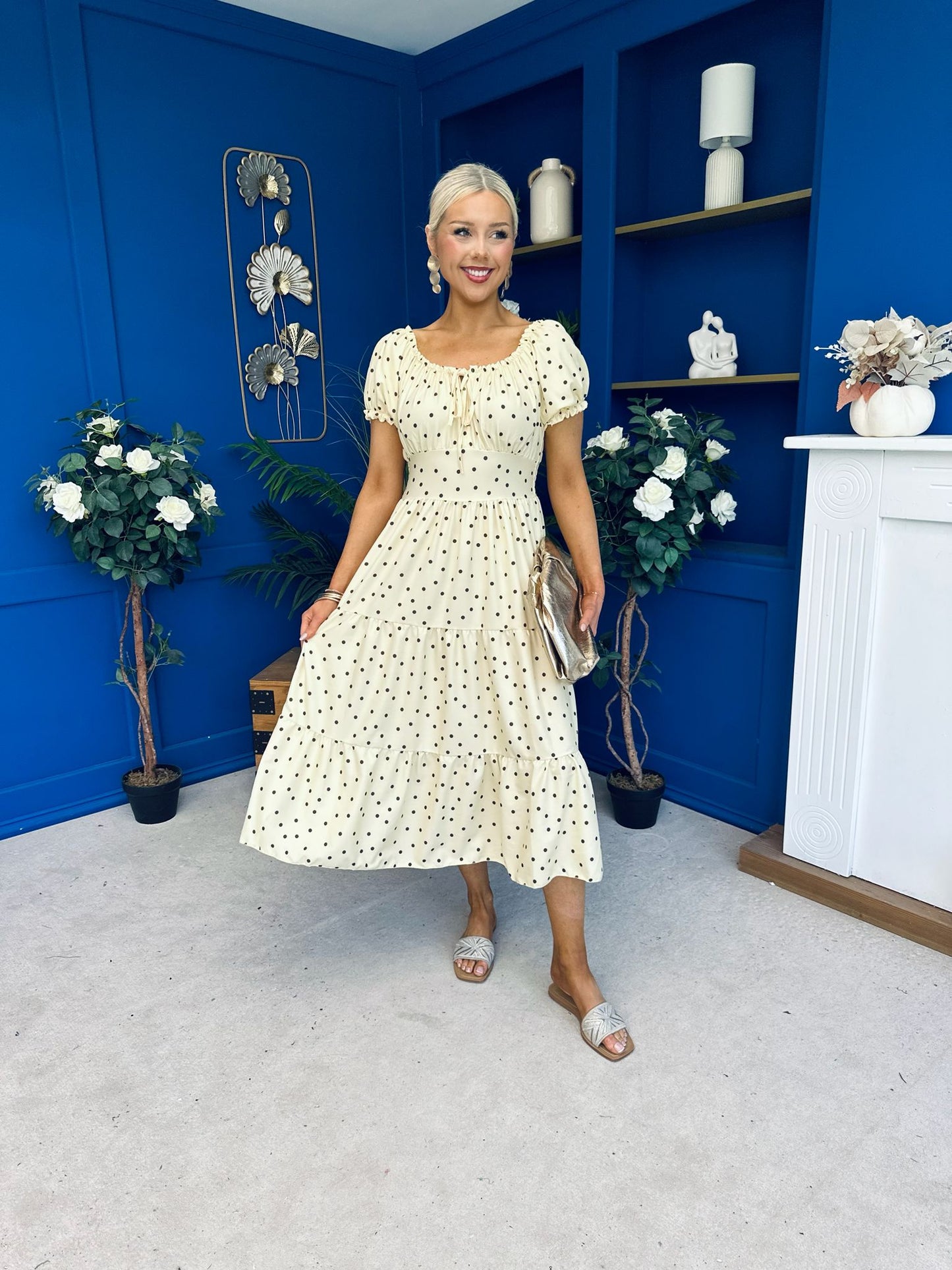 Blaine Detailed Bardot Midi Dress Polka Yellow