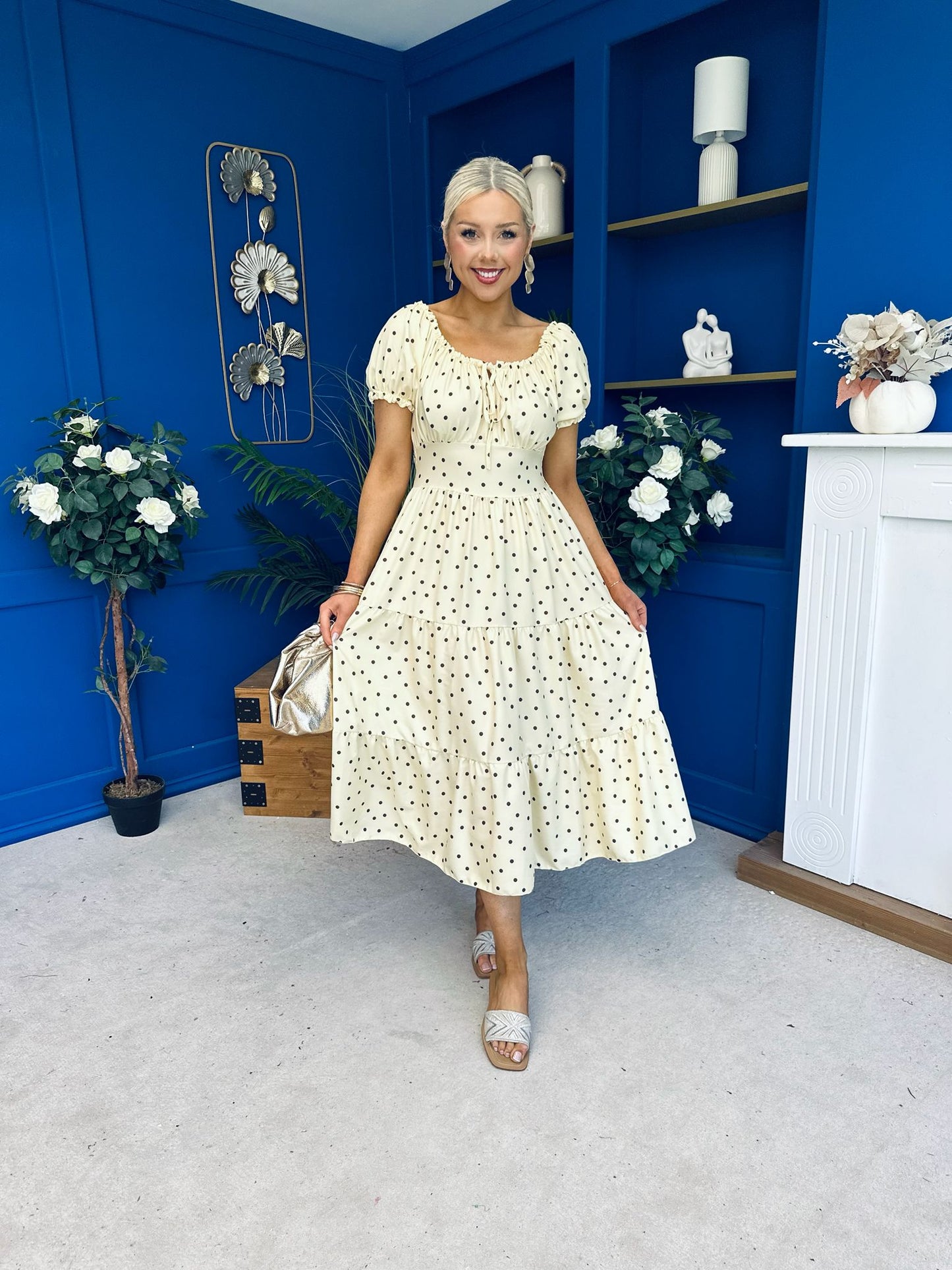 Blaine Detailed Bardot Midi Dress Polka Yellow