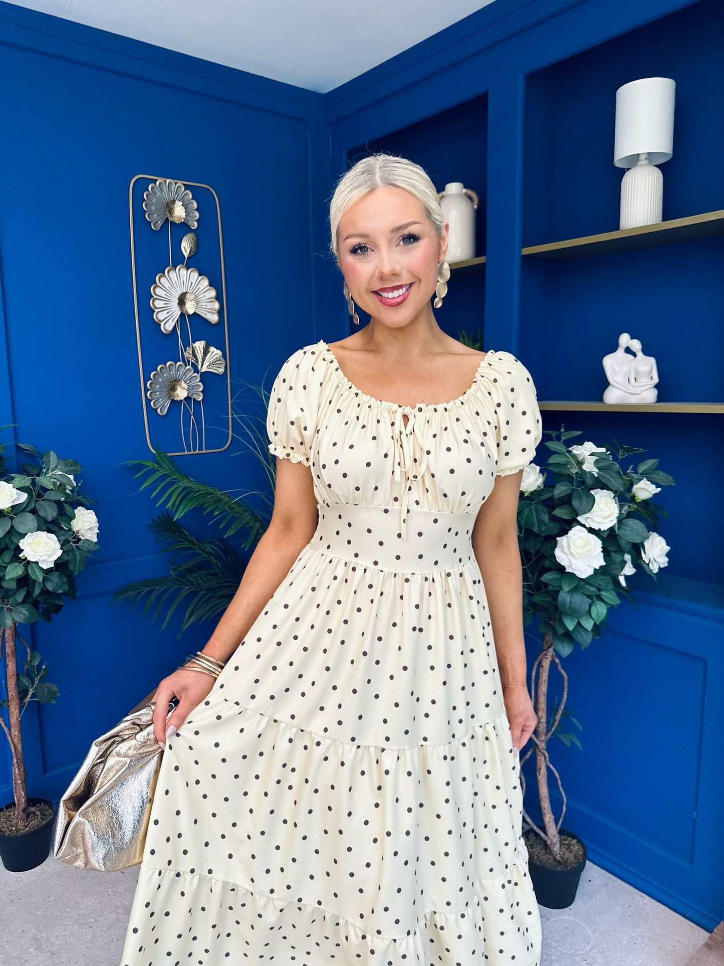 Blaine Detailed Bardot Midi Dress Polka Yellow