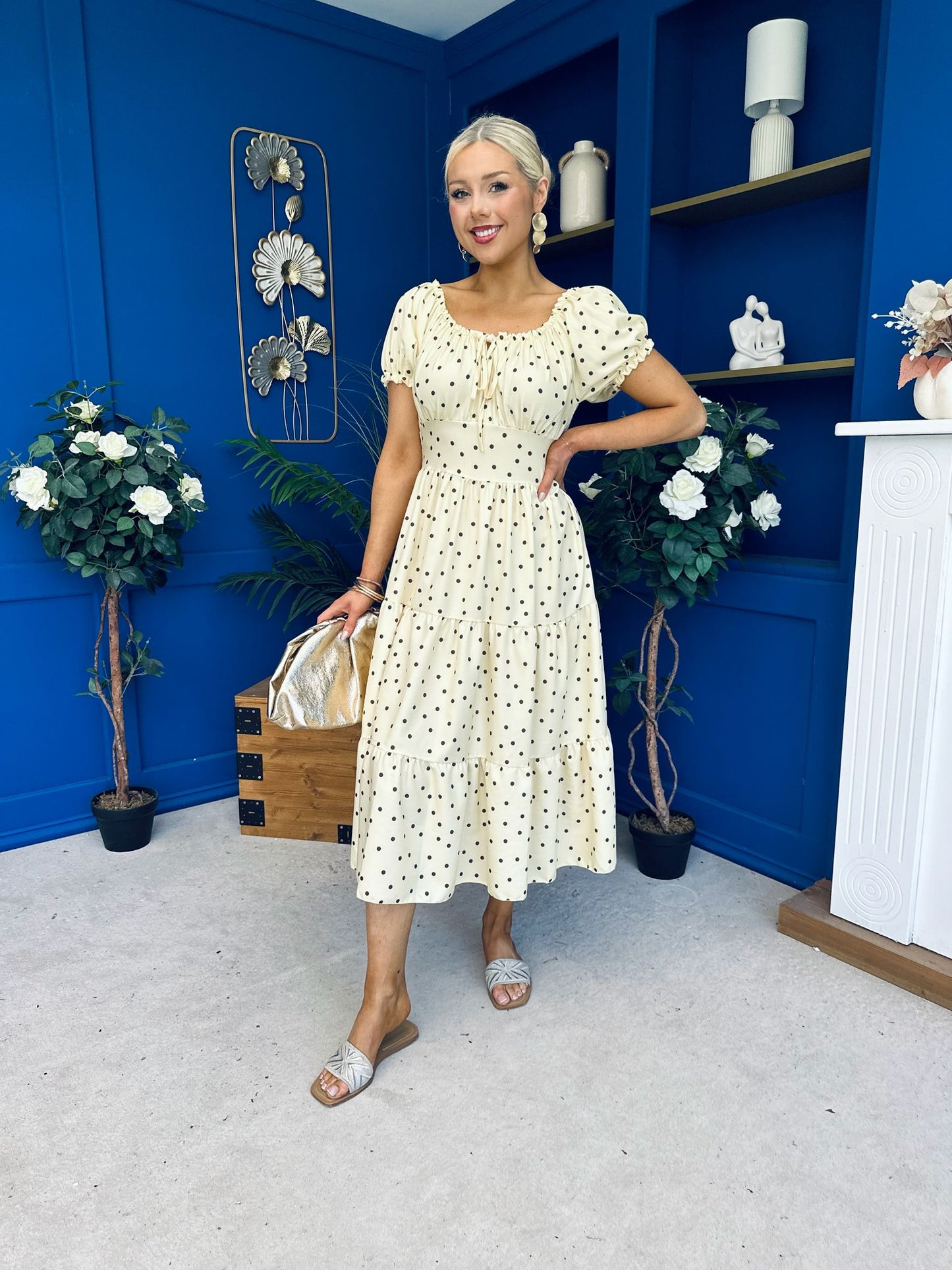 Blaine Detailed Bardot Midi Dress Polka Yellow