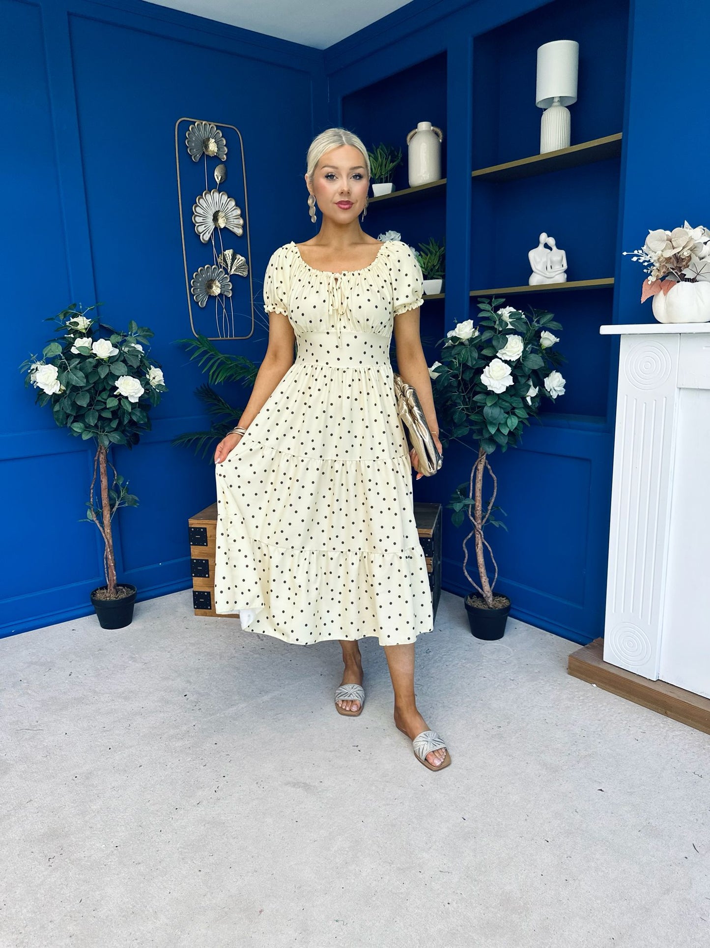Blaine Detailed Bardot Midi Dress Polka Yellow