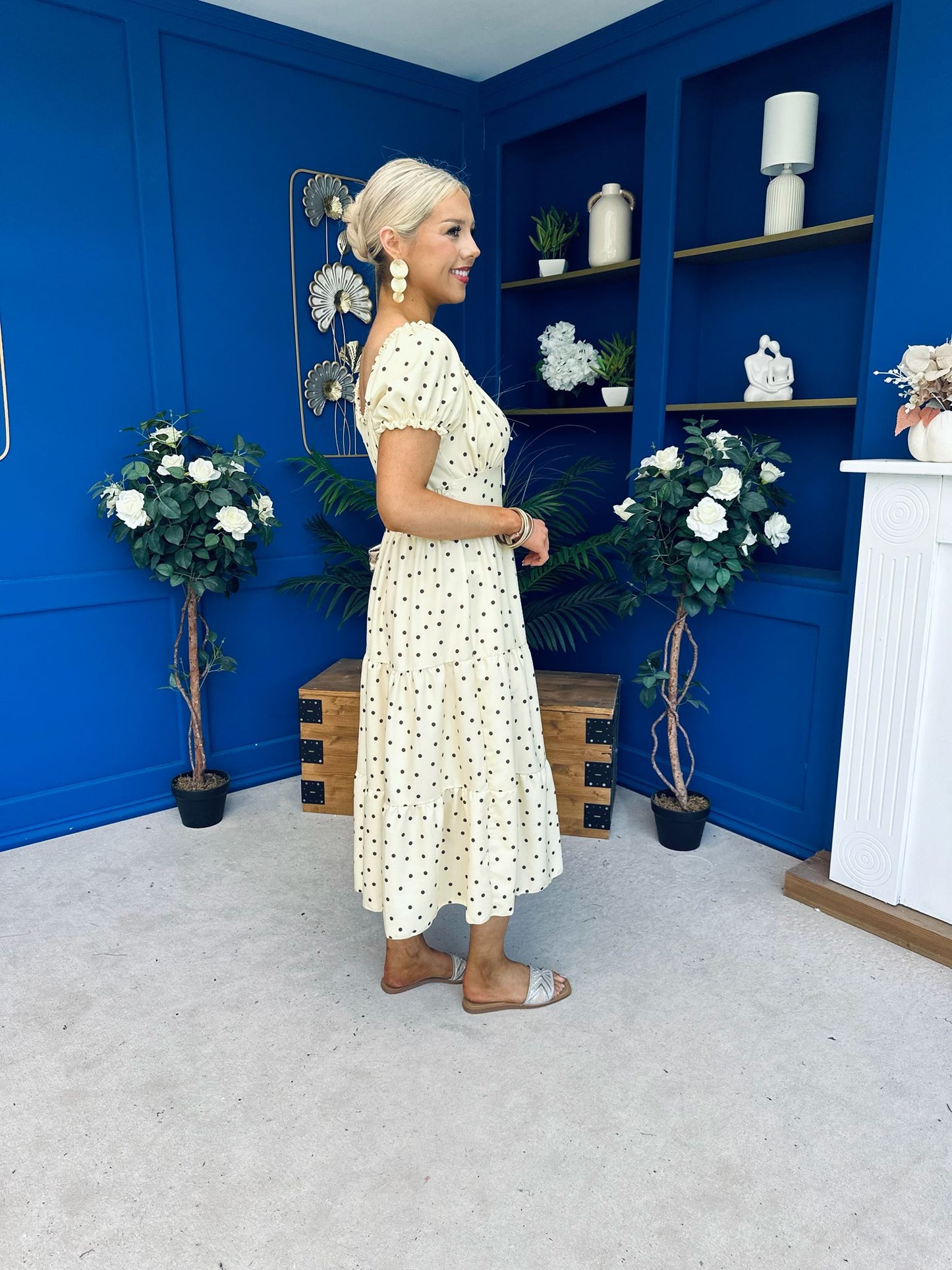 Blaine Detailed Bardot Midi Dress Polka Yellow