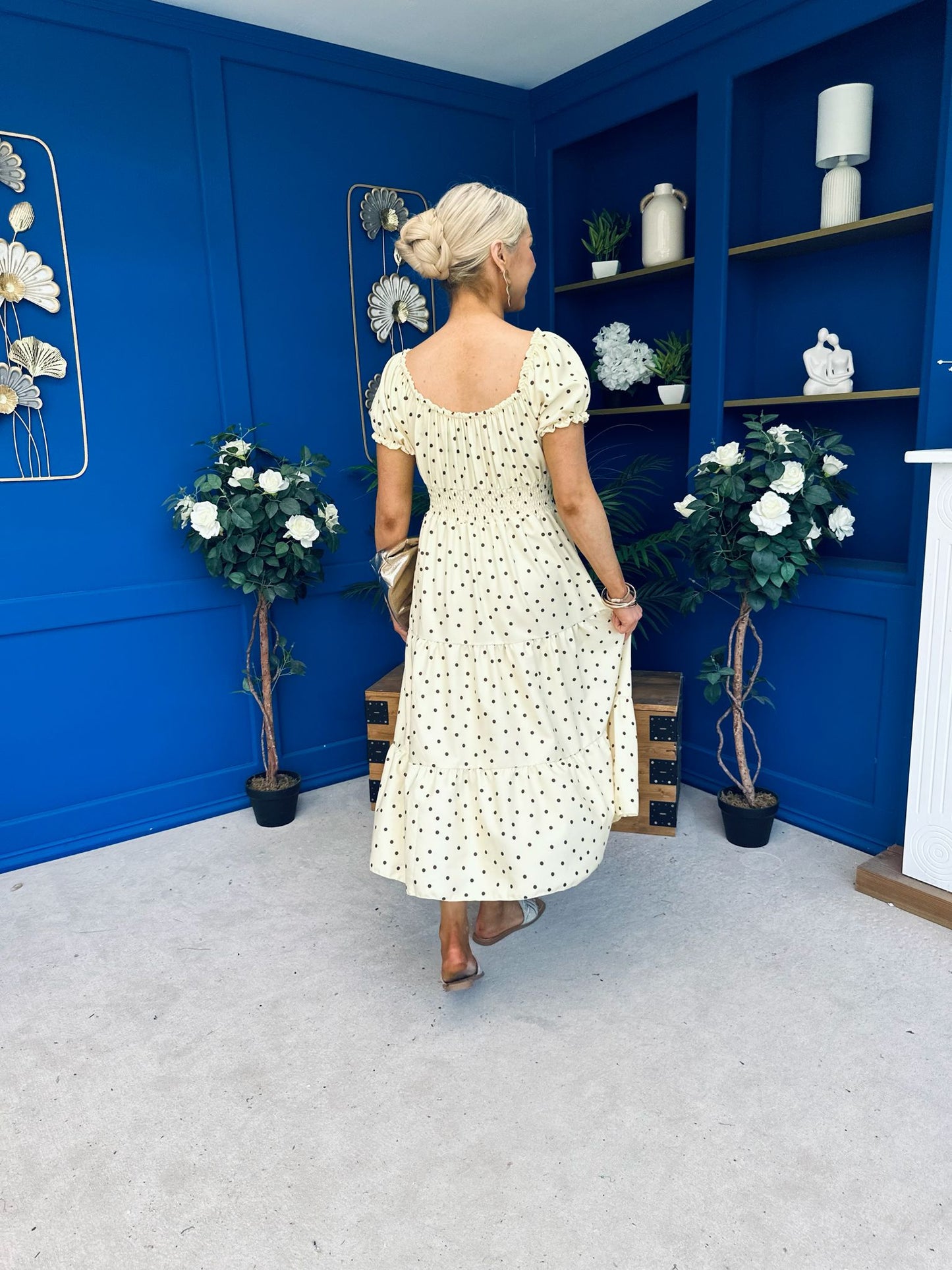 Blaine Detailed Bardot Midi Dress Polka Yellow