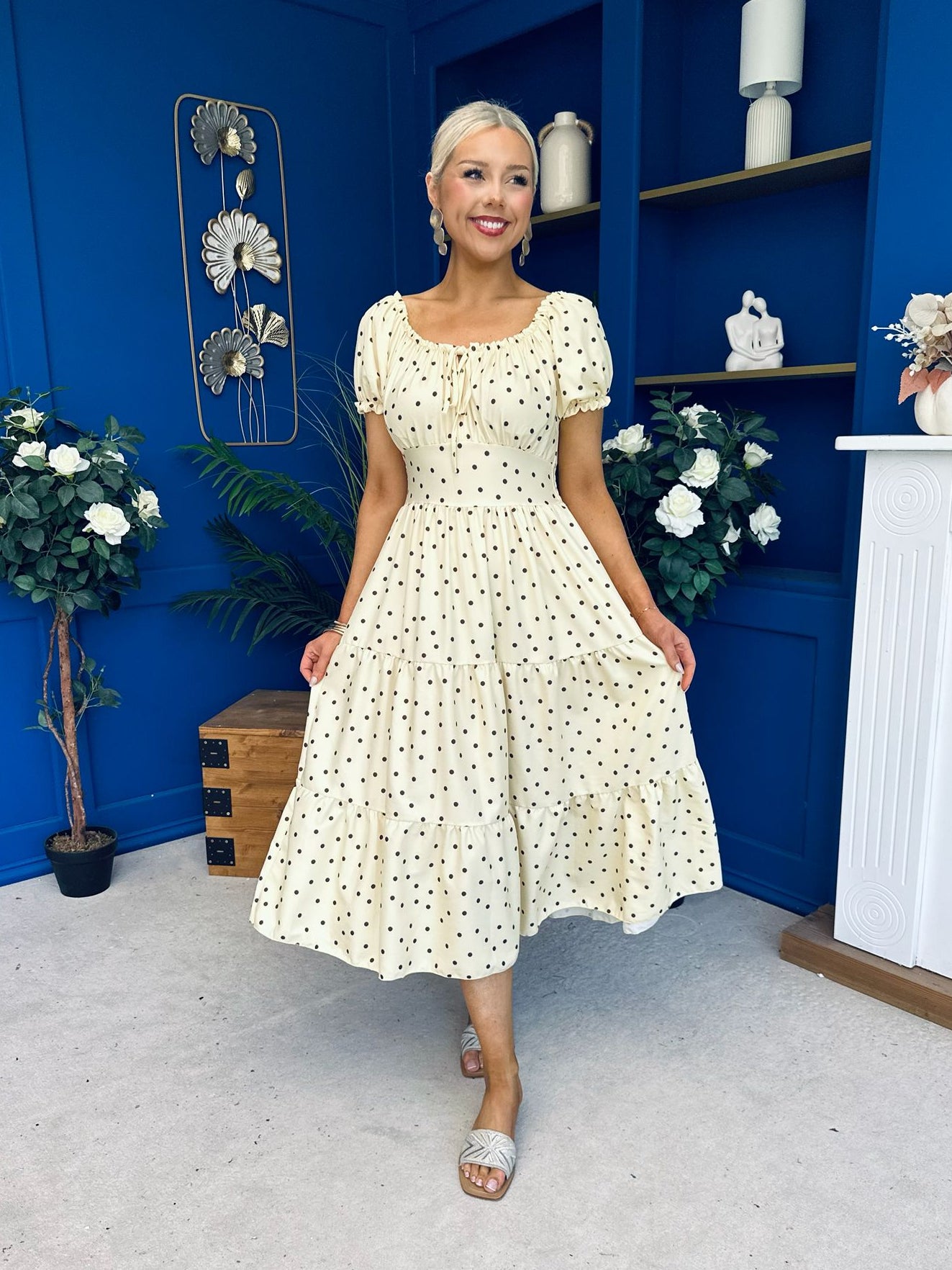 Blaine Detailed Bardot Midi Dress Polka Yellow