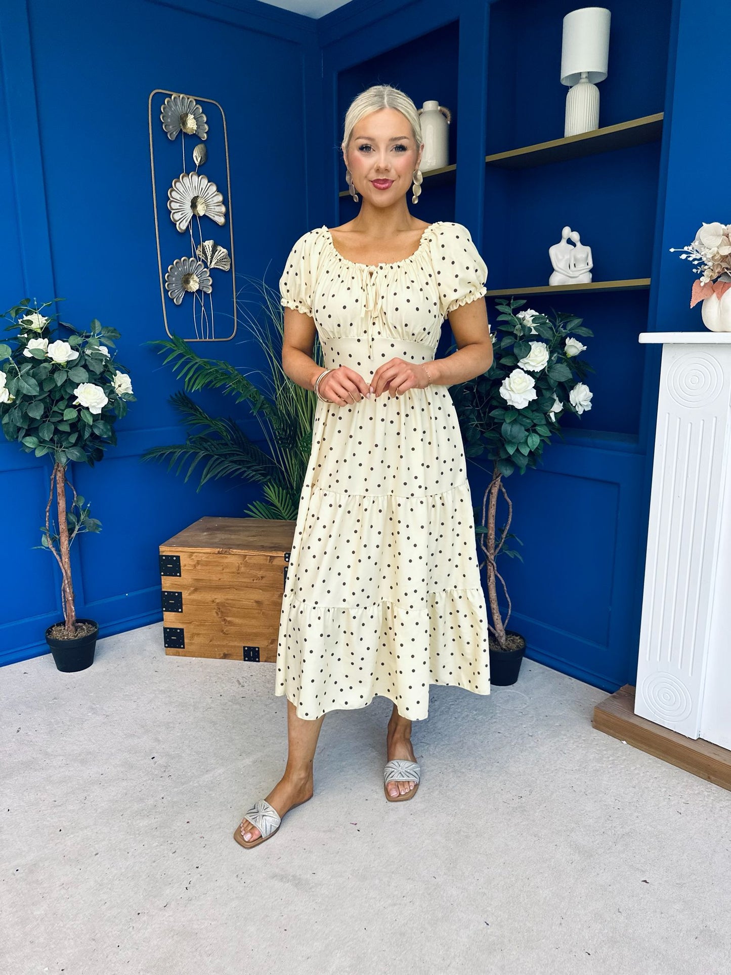 Blaine Detailed Bardot Midi Dress Polka Yellow