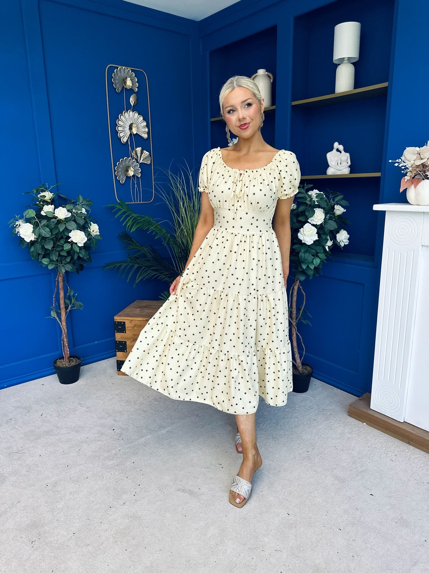 Blaine Detailed Bardot Midi Dress Polka Yellow