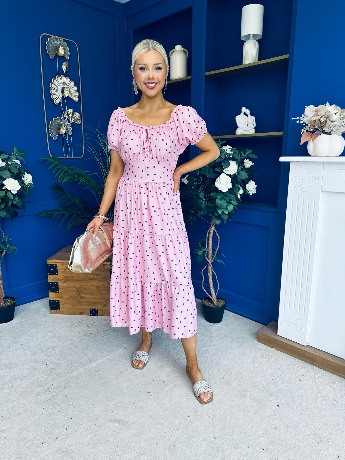 Blaine Detailed Bardot Midi Dress Polka Pink