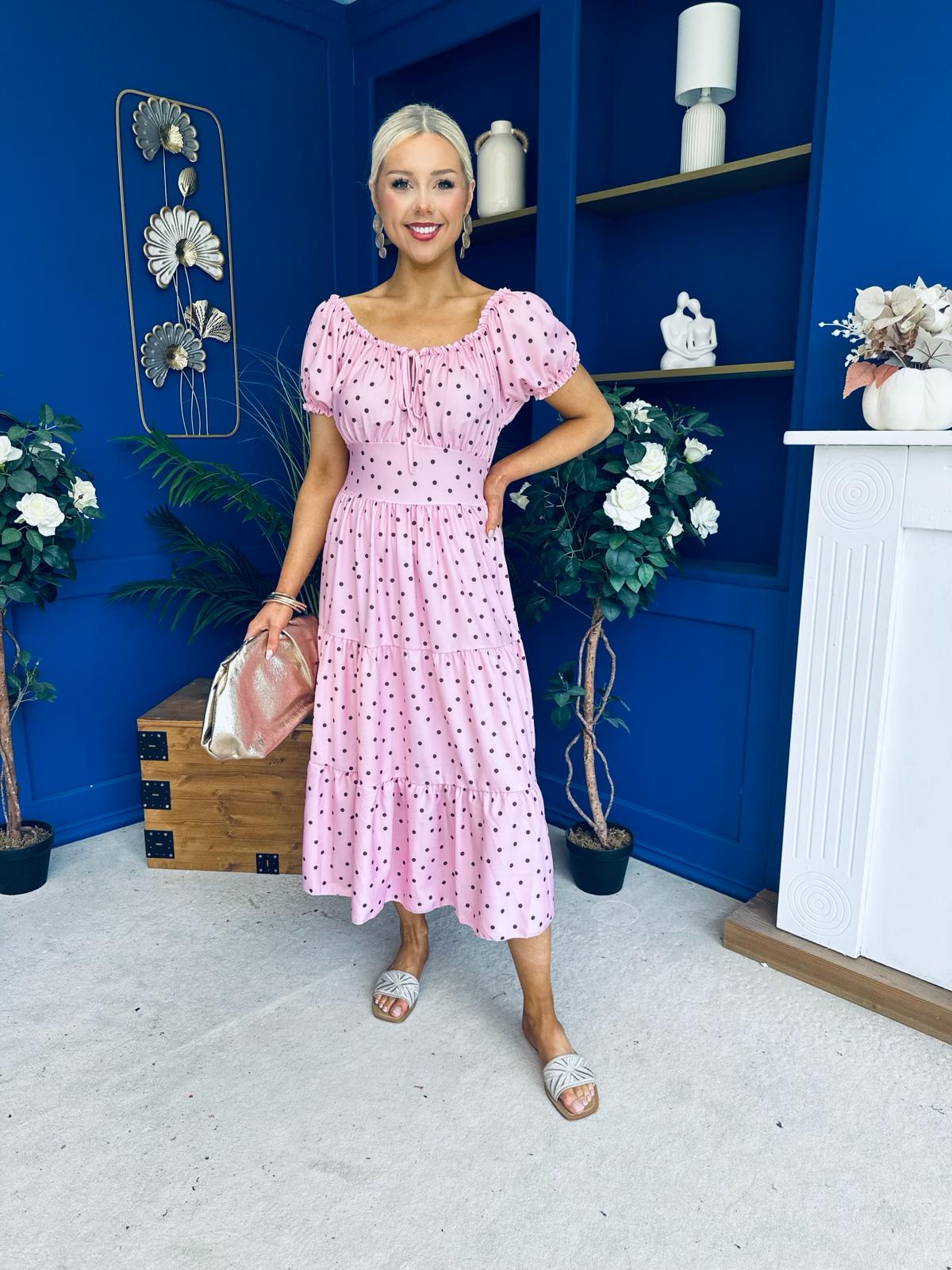 Blaine Detailed Bardot Midi Dress Polka Pink