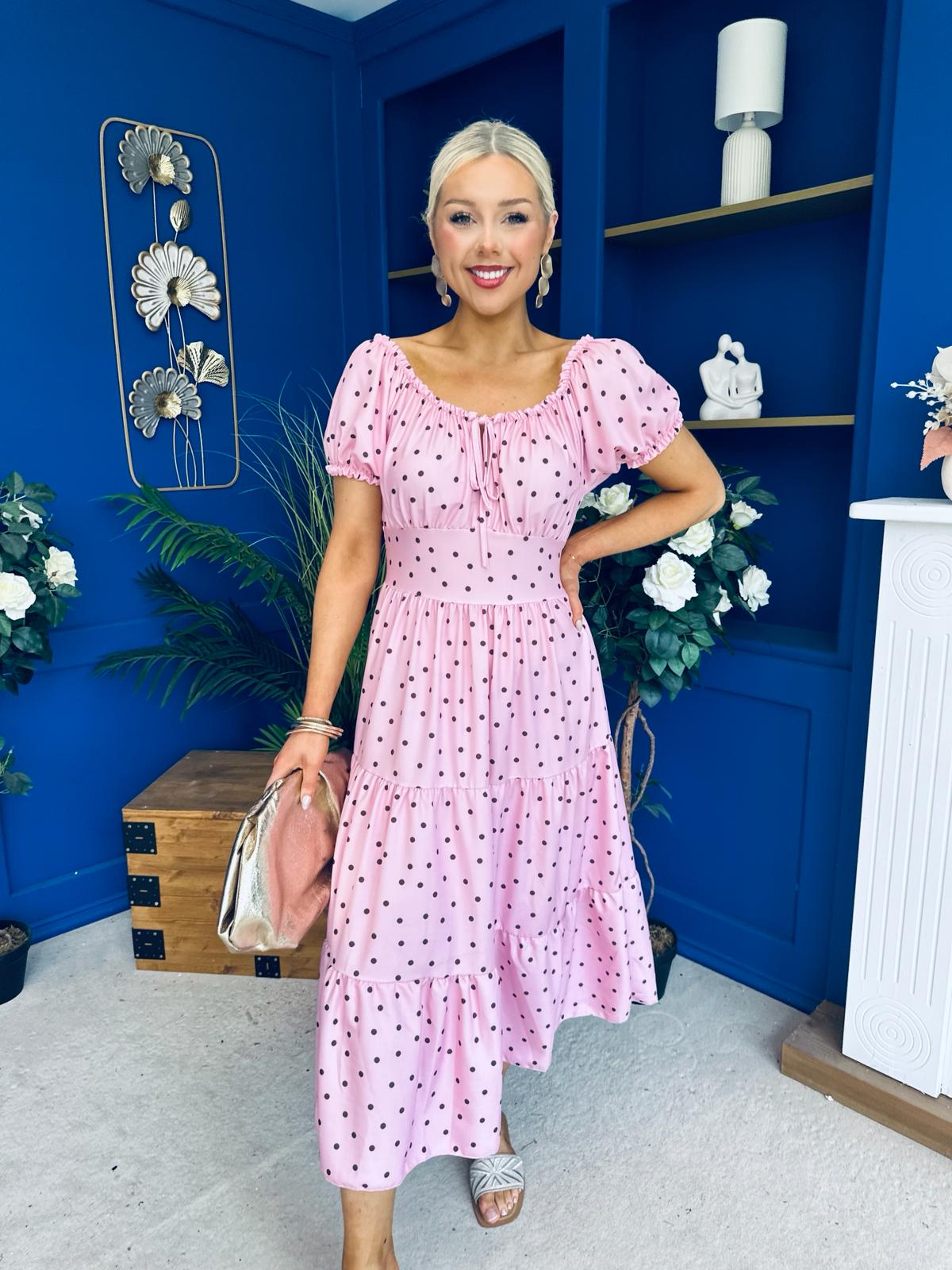 Blaine Detailed Bardot Midi Dress Polka Pink
