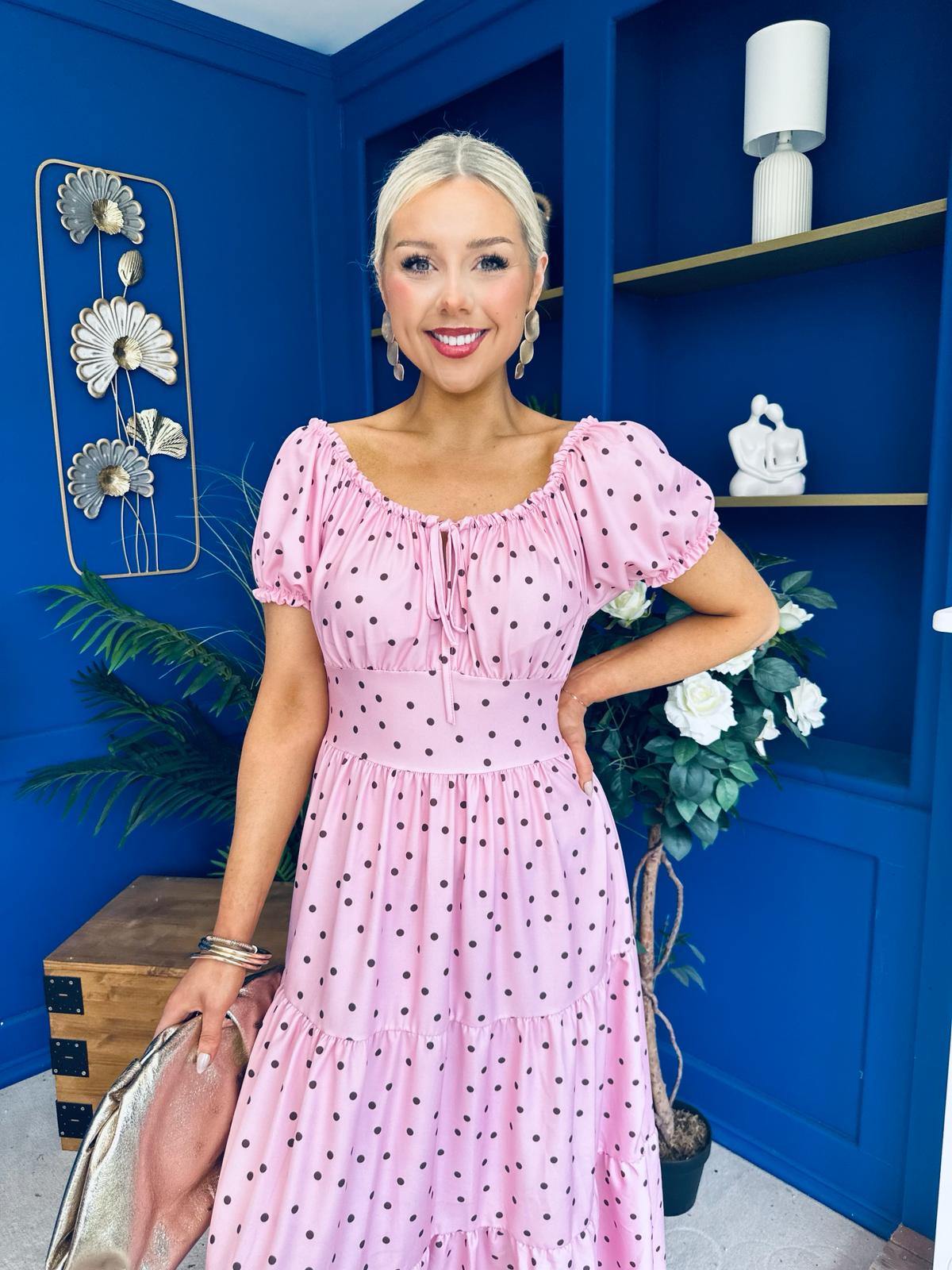 Blaine Detailed Bardot Midi Dress Polka Pink